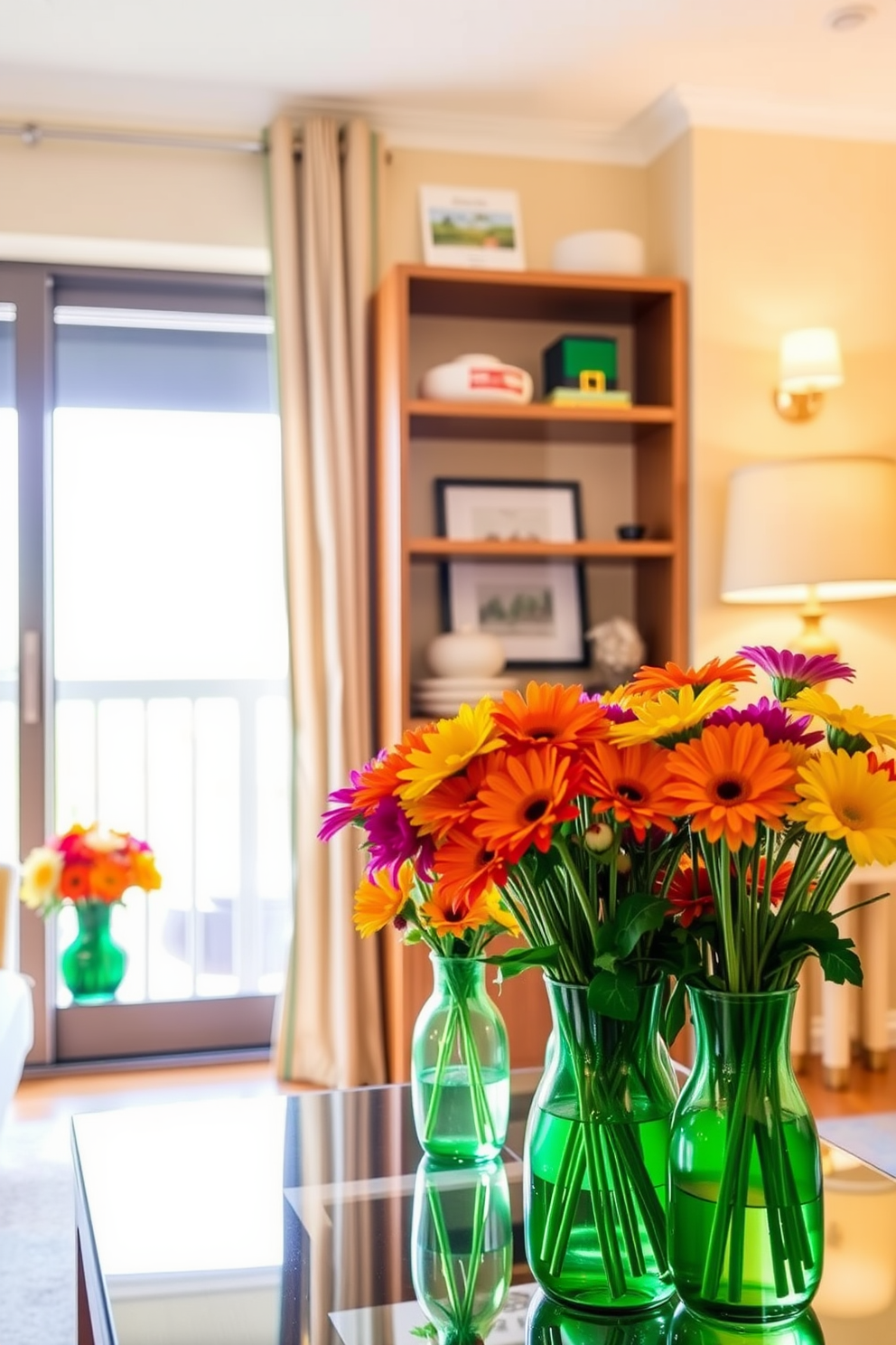 A bright and cheerful apartment setting decorated for St. Patrick's Day. Colorful flowers in green vases are arranged throughout the space, adding a festive touch to the room.