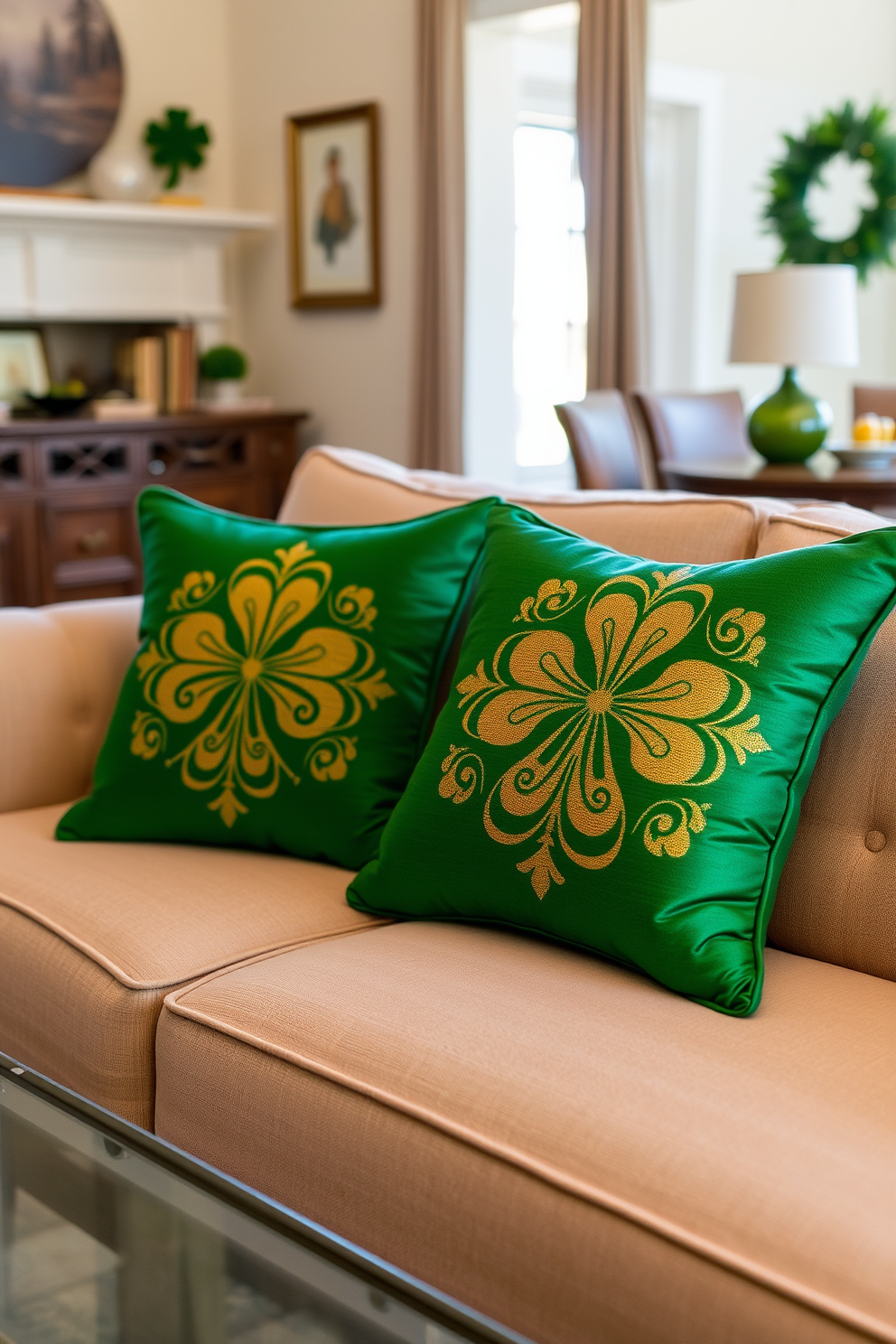 Festive throw pillows adorned with intricate Irish motifs are scattered across a cozy living room sofa. The vibrant greens and golds of the pillows complement the warm, inviting atmosphere, creating a perfect setting for St. Patrick's Day celebrations.