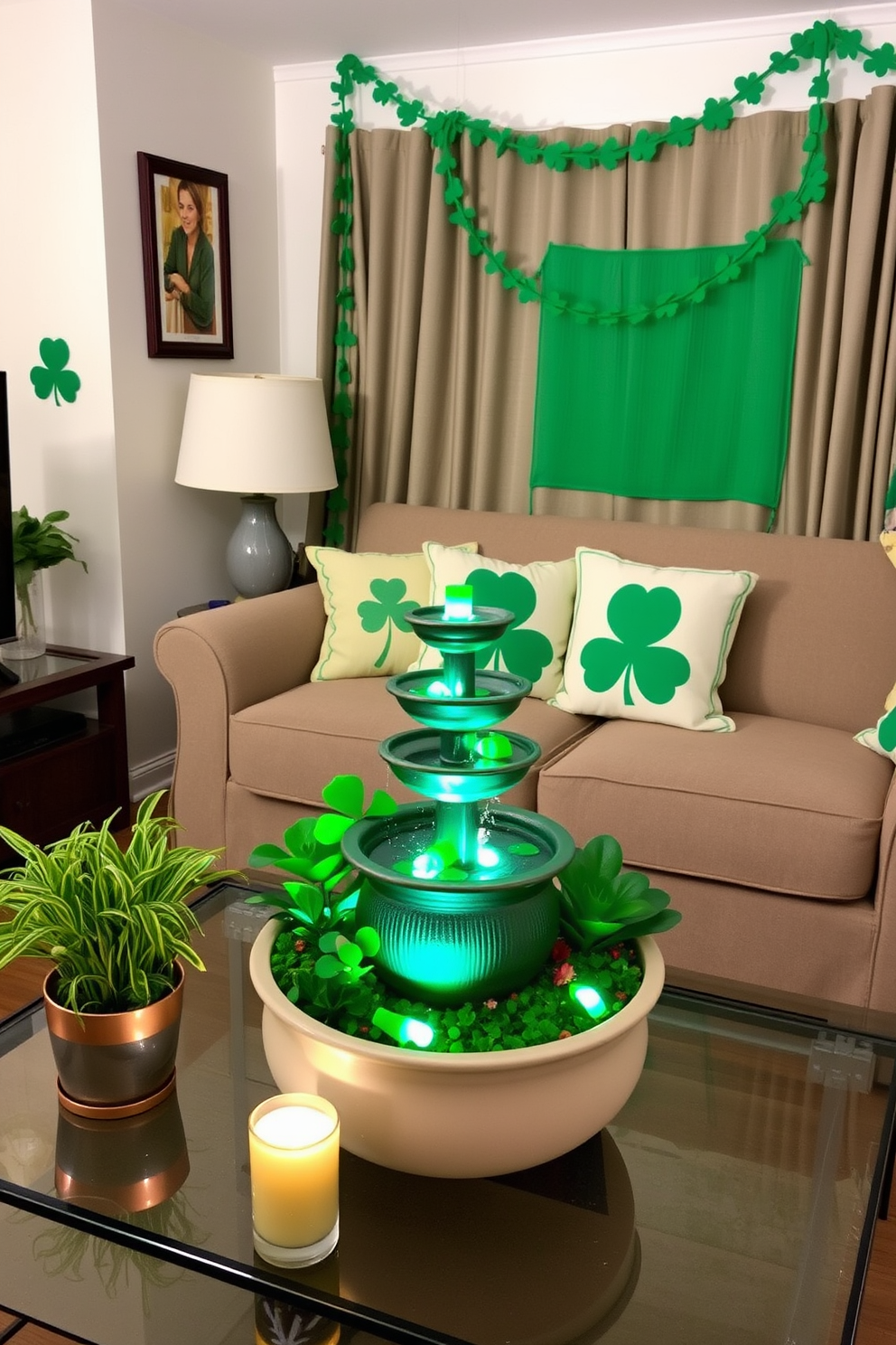 A charming living room setting featuring a tabletop fountain with lush green accents. The fountain is surrounded by decorative plants and soft lighting, creating a serene atmosphere. In the spirit of St. Patrick's Day, the apartment is adorned with festive green decorations. Shamrock-themed cushions and garlands hang, complementing the overall cozy and inviting vibe.