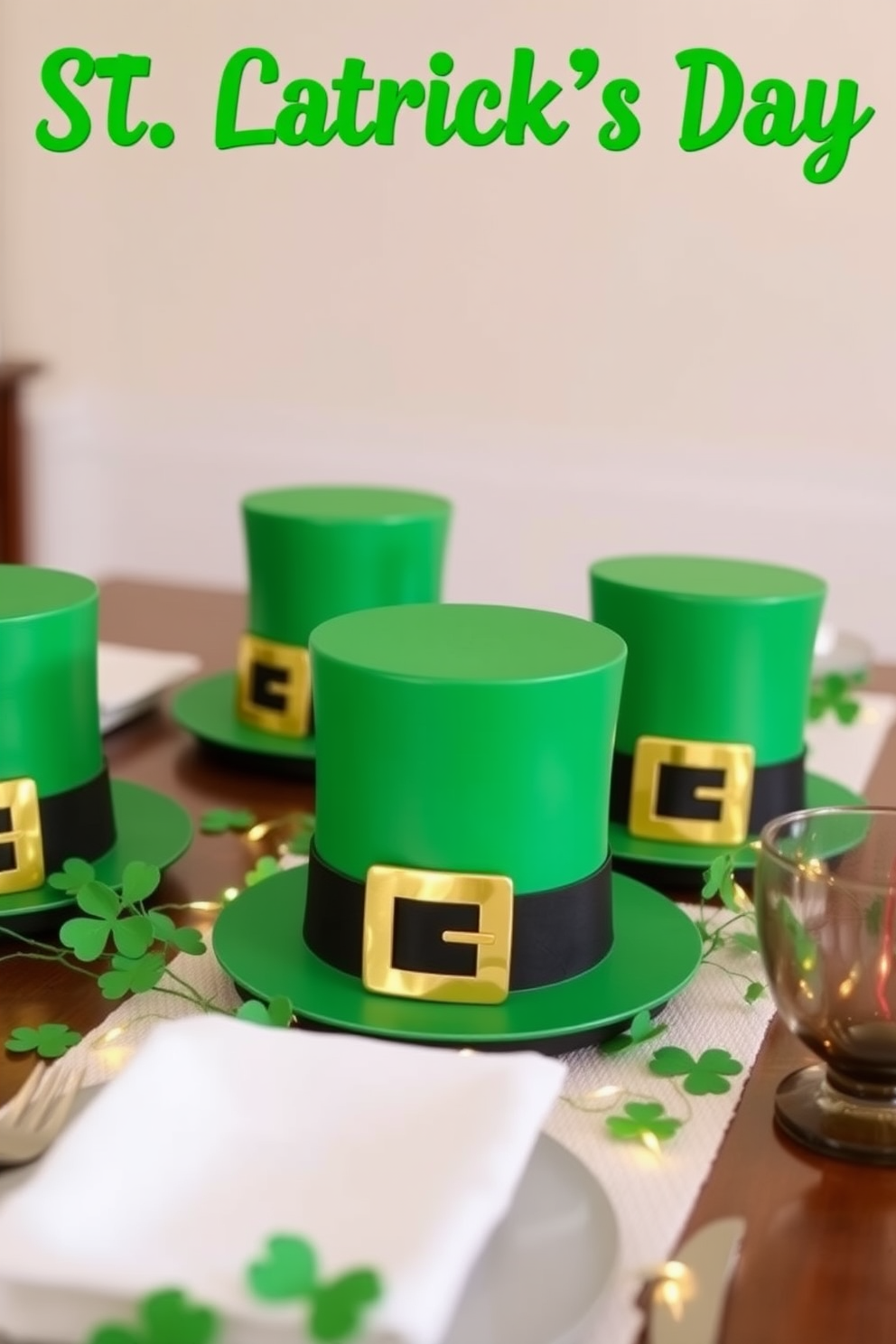 Create a charming and playful centerpiece for St. Patrick's Day by designing DIY leprechaun hats. These hats should be vibrant green with a black band and a shiny gold buckle, arranged on a festive table setting that includes shamrock accents and twinkling fairy lights.