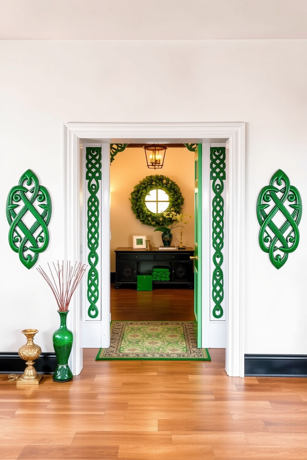 Create an inviting apartment entryway adorned with intricate Celtic knot decorations framing the doorways. Incorporate vibrant green accents and subtle gold elements to enhance the St. Patrick's Day theme while maintaining an elegant atmosphere.