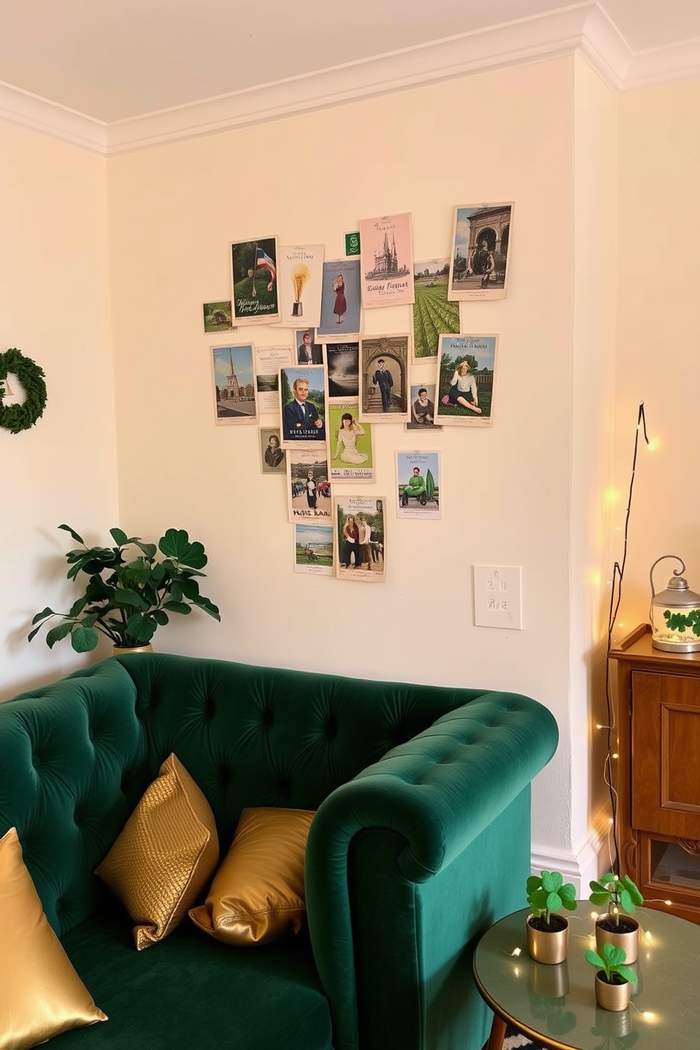 A charming apartment adorned with vintage Irish postcards as wall art. The postcards are arranged in a creative collage on a soft cream-colored wall, adding a touch of nostalgia and warmth. A cozy seating area features a plush green sofa complemented by gold accents. Festive St. Patrick's Day decorations, such as small potted shamrocks and twinkling fairy lights, enhance the inviting atmosphere.