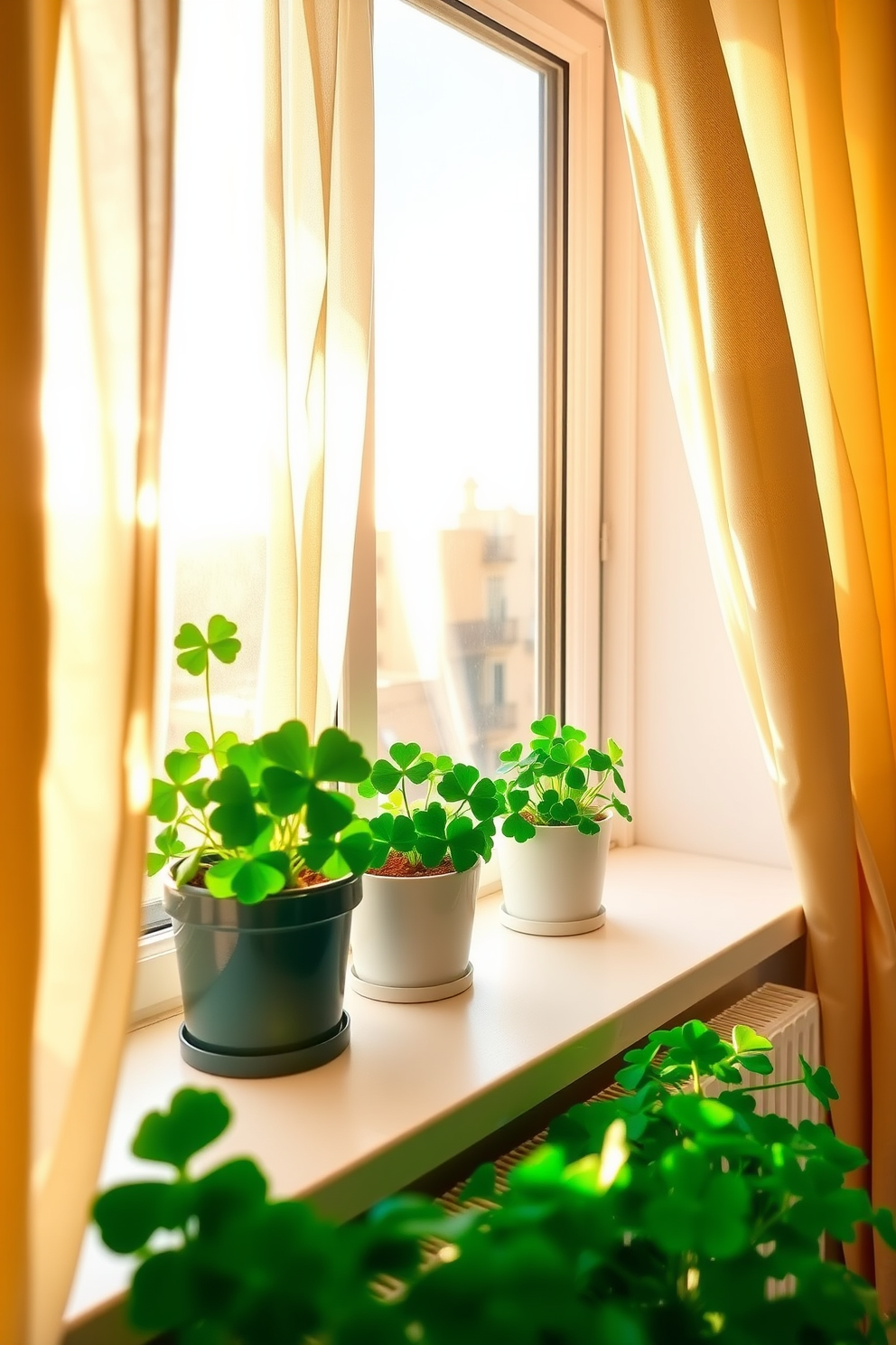 A cozy apartment adorned for St. Patrick's Day features potted shamrock plants on the window sills, bringing a touch of greenery and festive spirit. The warm sunlight filters through the sheer curtains, illuminating the vibrant leaves and creating a welcoming atmosphere.