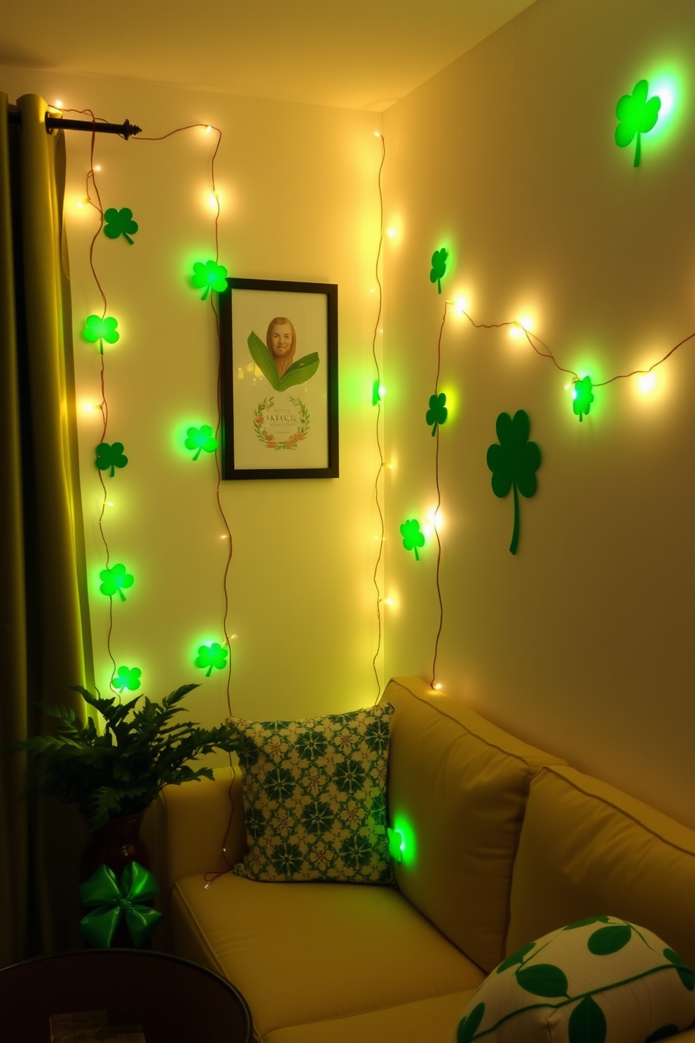 Create a cozy apartment setting decorated for St. Patrick's Day. String lights shaped like shamrocks are draped along the walls, casting a warm and festive glow throughout the space.