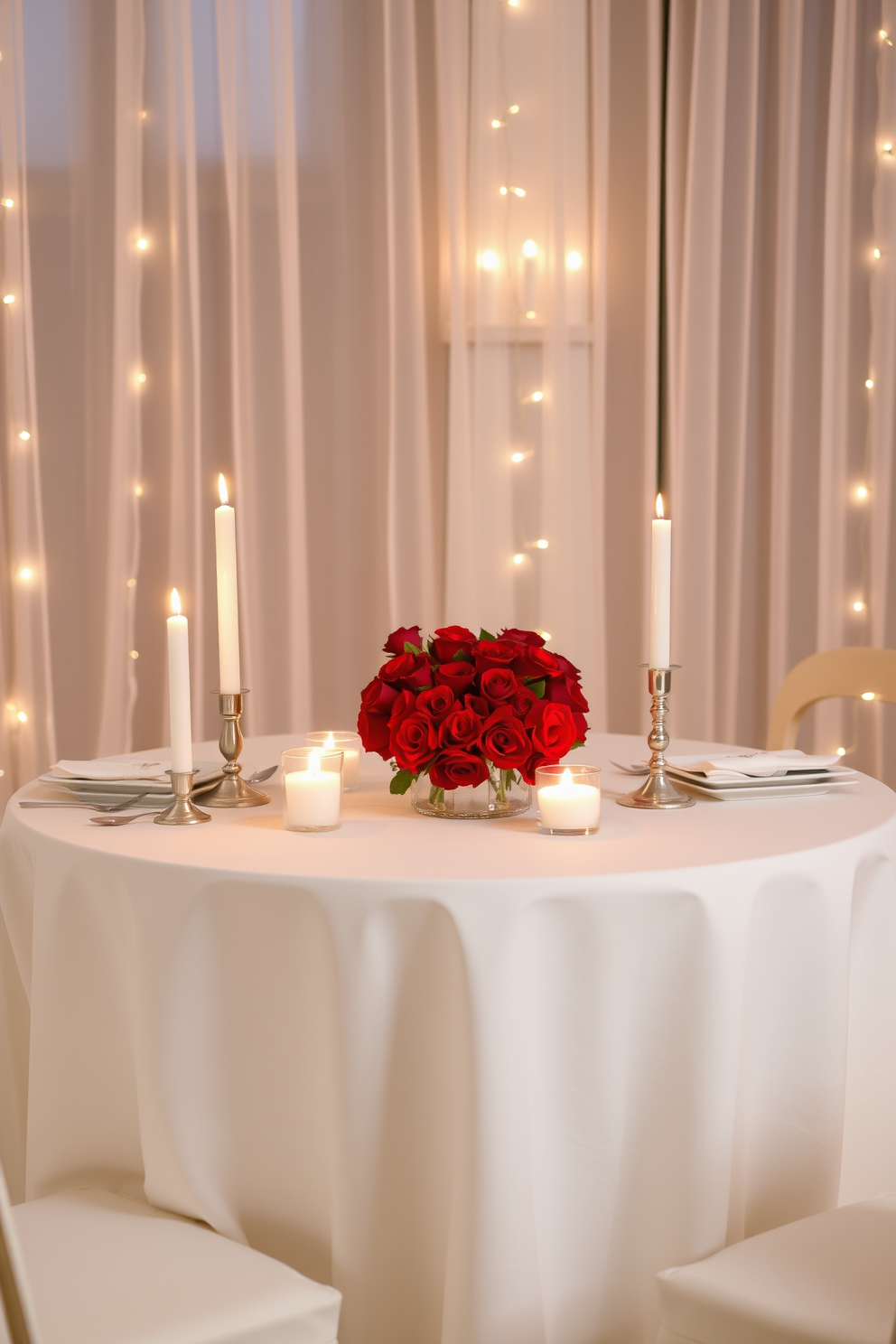 A romantic candlelit dinner setup features a beautifully set table for two with a white tablecloth and elegant dinnerware. Soft flickering candles in various heights create a warm ambiance, while a bouquet of red roses adds a touch of romance to the center of the table. The backdrop includes softly draped sheer curtains that allow gentle light to filter in. Subtle fairy lights are strung around the dining area, enhancing the intimate atmosphere perfect for a Valentine's Day celebration.