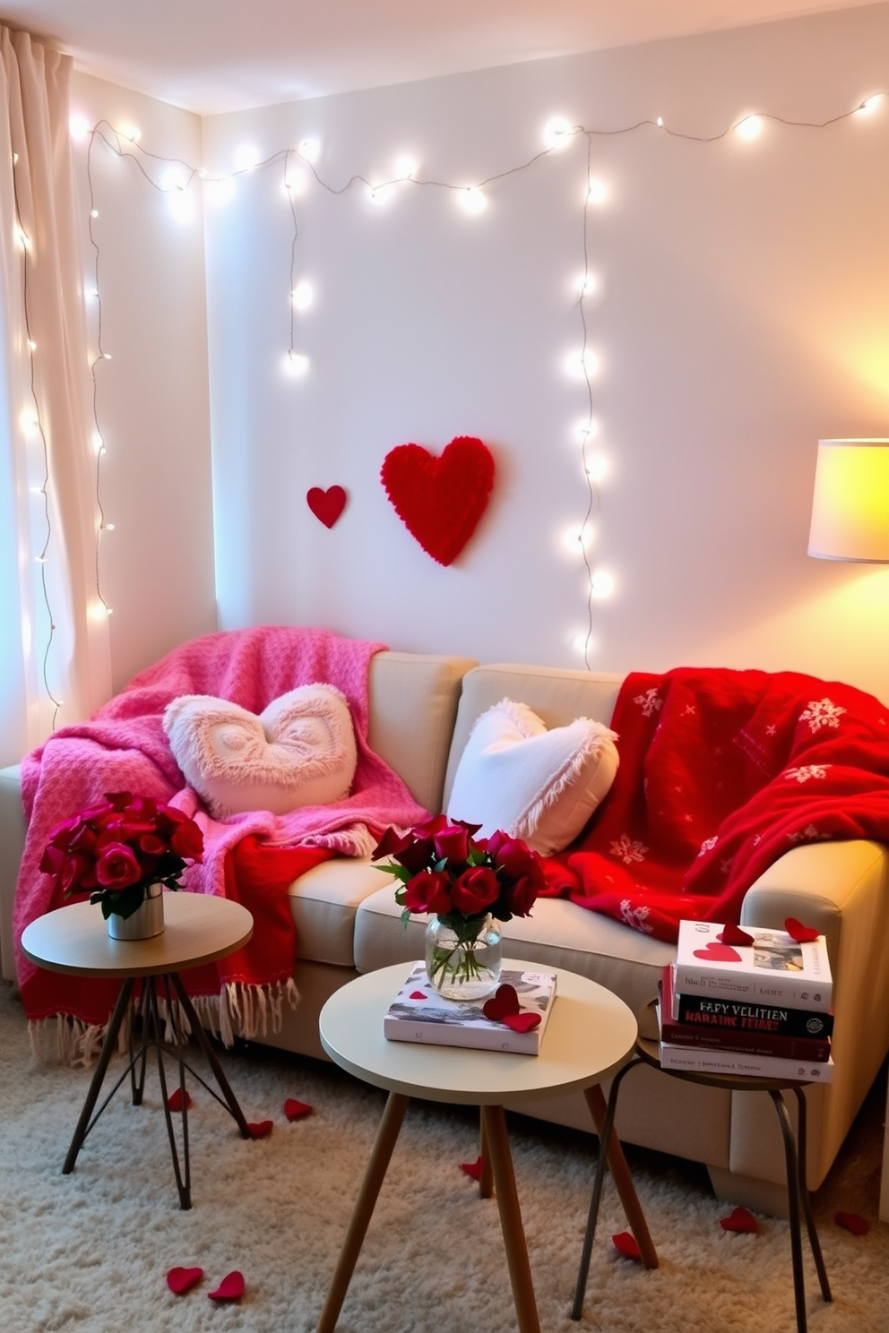 A cozy living room adorned with festive blankets in shades of red, pink, and white. The blankets are draped over a plush sofa, complemented by heart-shaped cushions and soft fairy lights strung along the walls. In one corner, a small coffee table is set with a bouquet of fresh roses and a stack of romantic books. The warm glow from a nearby lamp creates an inviting atmosphere perfect for celebrating Valentine's Day.