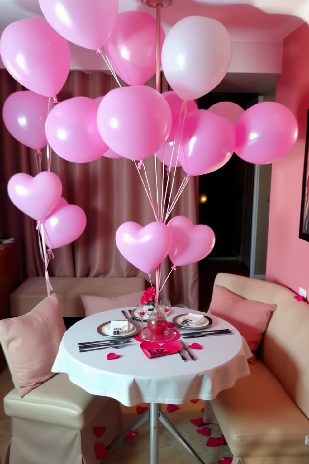 A charming arrangement of pink and white balloons creates a festive atmosphere in a cozy apartment. The balloons are elegantly tied together and float above a small dining table set for a romantic Valentine's Day dinner. Soft, ambient lighting enhances the warm tones of the decor, casting a gentle glow over the space. Heart-shaped decorations and rose petals scattered across the table add a touch of romance to the overall setting.