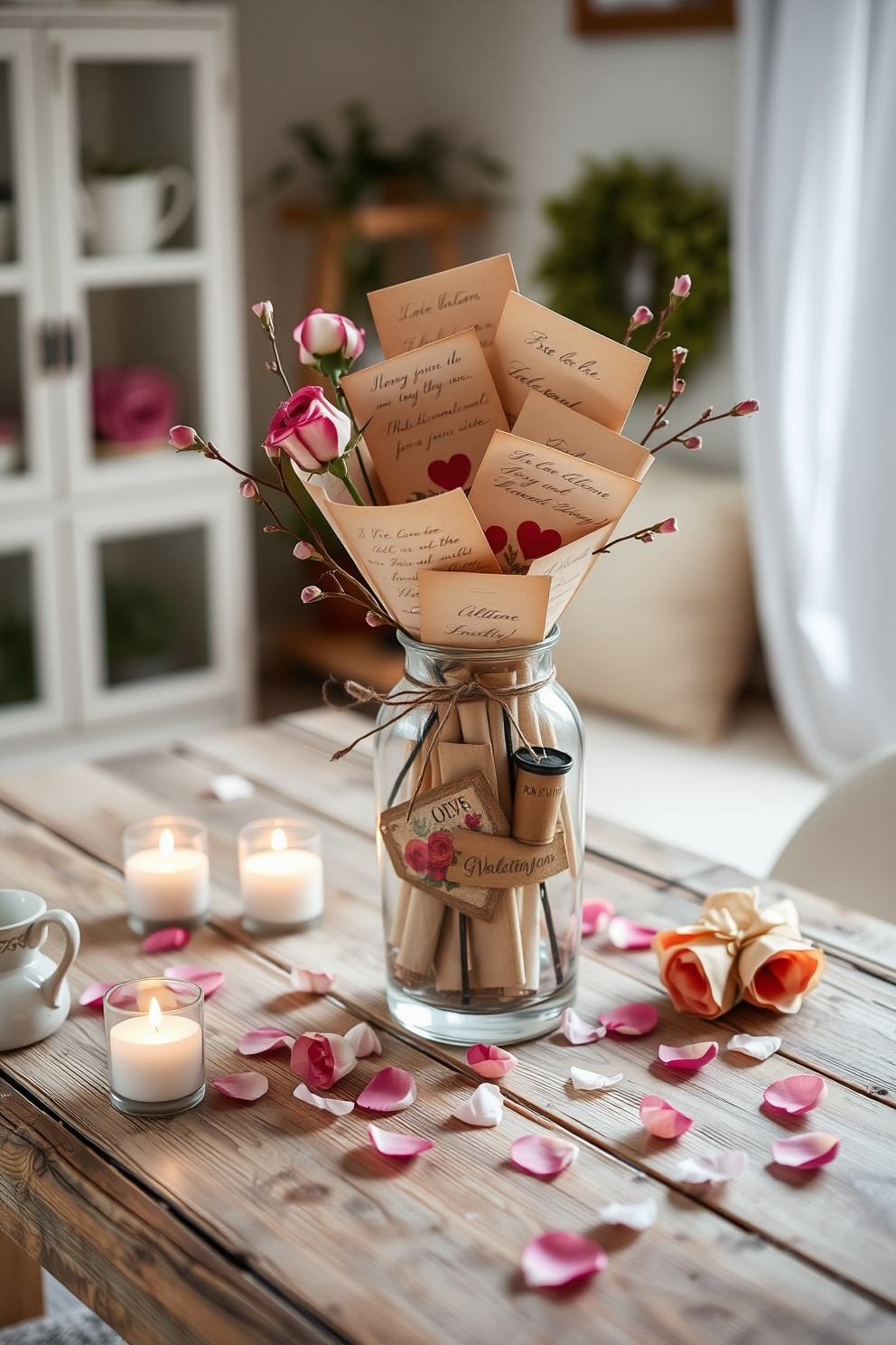 Create a charming apartment setting for Valentine's Day featuring a decorative vase filled with vintage love letters. The vase is placed on a rustic wooden table, surrounded by soft candlelight and delicate rose petals scattered across the surface.