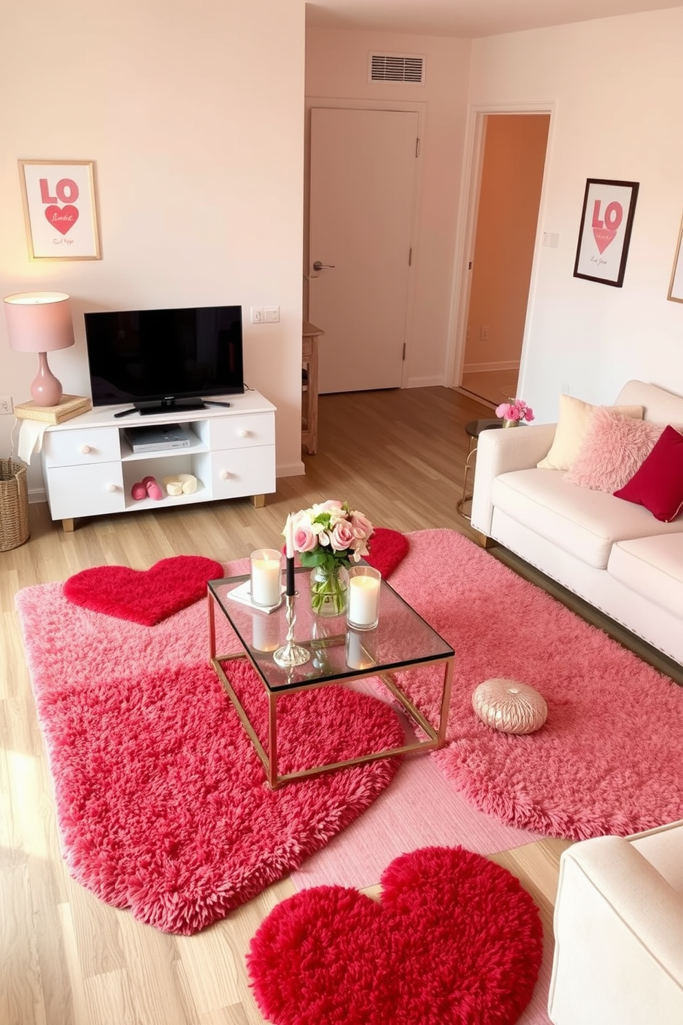 A cozy apartment living room adorned with heart-shaped rugs that add a playful touch to the space. The color palette features soft pinks and reds, creating a warm and inviting atmosphere for Valentine's Day celebrations. A stylish coffee table sits atop the rugs, decorated with candles and a bouquet of fresh flowers. The walls are adorned with framed love-themed artwork, enhancing the romantic vibe of the room.