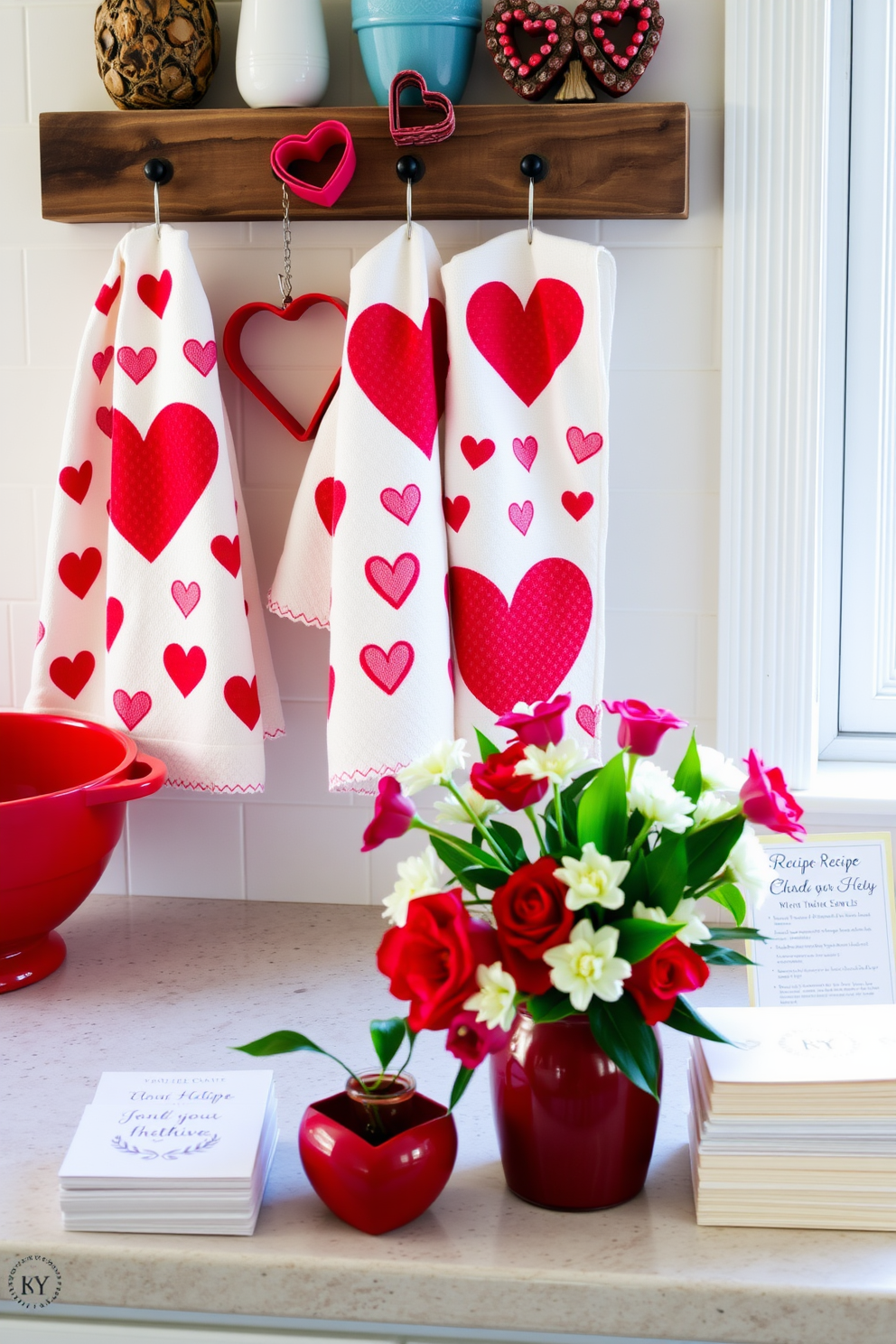 A cozy kitchen setting adorned with themed kitchen towels and accessories. The towels feature playful heart patterns in shades of red and pink, hanging neatly on a rustic wooden rack. On the countertop, a collection of heart-shaped cookie cutters and a vibrant red mixing bowl add a festive touch. A bouquet of fresh flowers in a heart-themed vase sits next to a stack of recipe cards for romantic meals.