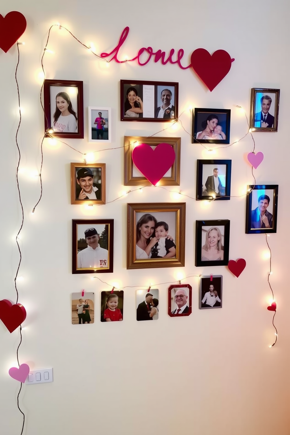 A romantic photo wall adorned with cherished memories creates an intimate atmosphere. The wall features a collage of framed photographs, twinkling fairy lights, and decorative hearts to enhance the Valentine's Day spirit.