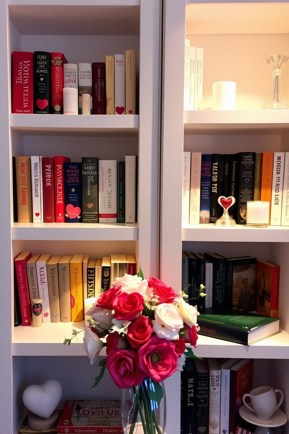 Decorative love-themed books are elegantly arranged on open shelves, showcasing a variety of romantic titles and colorful spines. Soft lighting highlights the books, creating a warm and inviting atmosphere perfect for a cozy Valentine's Day celebration. The shelves are adorned with small decorative items such as heart-shaped trinkets and candles, adding a personal touch to the space. Fresh flowers in a vase complement the theme, bringing a touch of nature indoors and enhancing the overall decor.