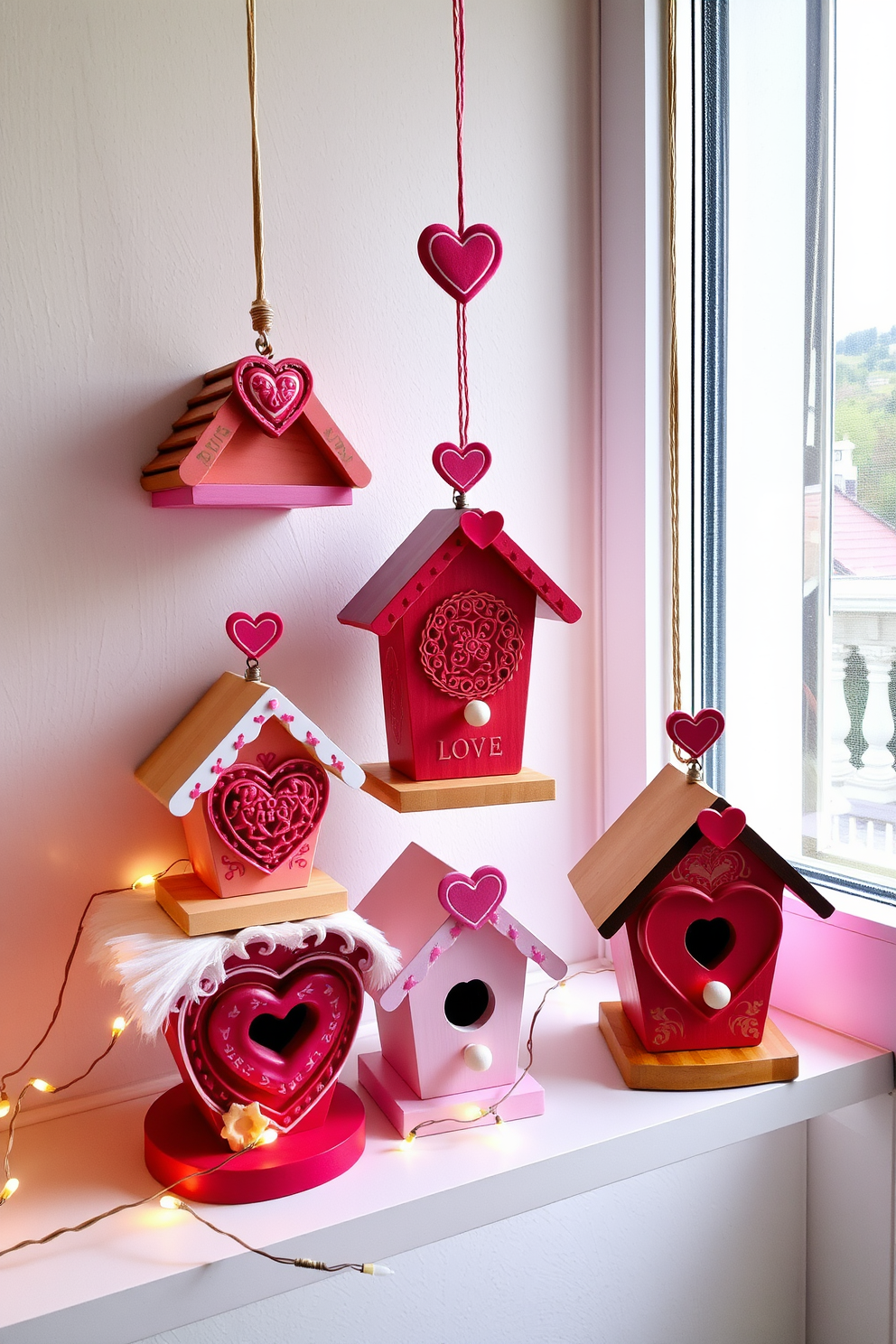 Charming birdhouses adorned with love symbols create a whimsical touch for Valentine's Day. Each birdhouse features intricate carvings and vibrant colors, perfect for adding a festive spirit to your apartment decor. Arrange these delightful birdhouses on a floating shelf or hang them in a sunny window. Incorporate soft fairy lights around them to enhance the romantic ambiance of your living space.