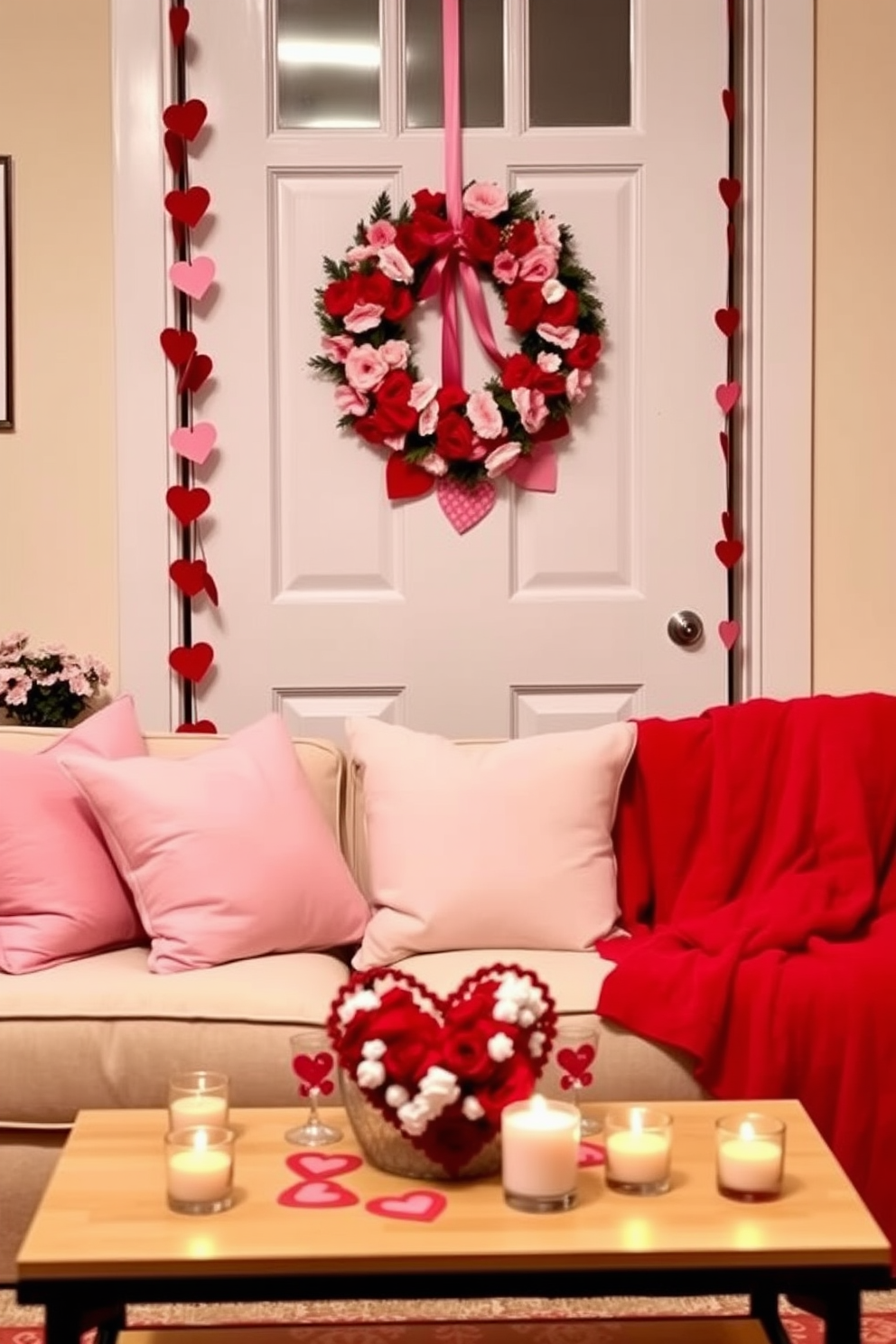 A festive wreath adorned with red and pink flowers hangs on the front door, welcoming guests with a touch of romance. Heart-shaped decorations dangle from the door frame, creating a cheerful Valentine's Day atmosphere. Inside the apartment, soft pink and white throw pillows are arranged on the couch, complemented by a cozy red blanket draped over the armrest. A heart-themed centerpiece sits on the coffee table, surrounded by flickering candles that add warmth to the space.