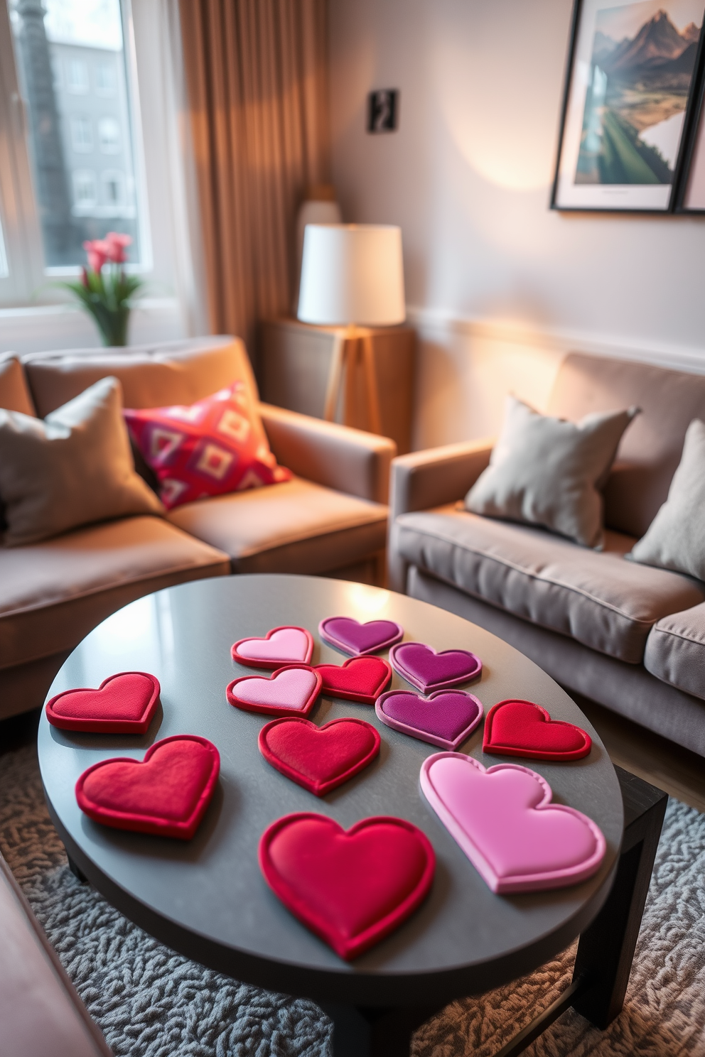 Colorful heart-shaped coasters are scattered across a stylish coffee table in a cozy apartment living room. The coasters feature vibrant hues of red, pink, and purple, adding a festive touch for Valentine's Day celebrations. Surrounding the table, plush cushions in coordinating colors create an inviting atmosphere. Soft lighting from a nearby lamp casts a warm glow, enhancing the romantic ambiance of the space.