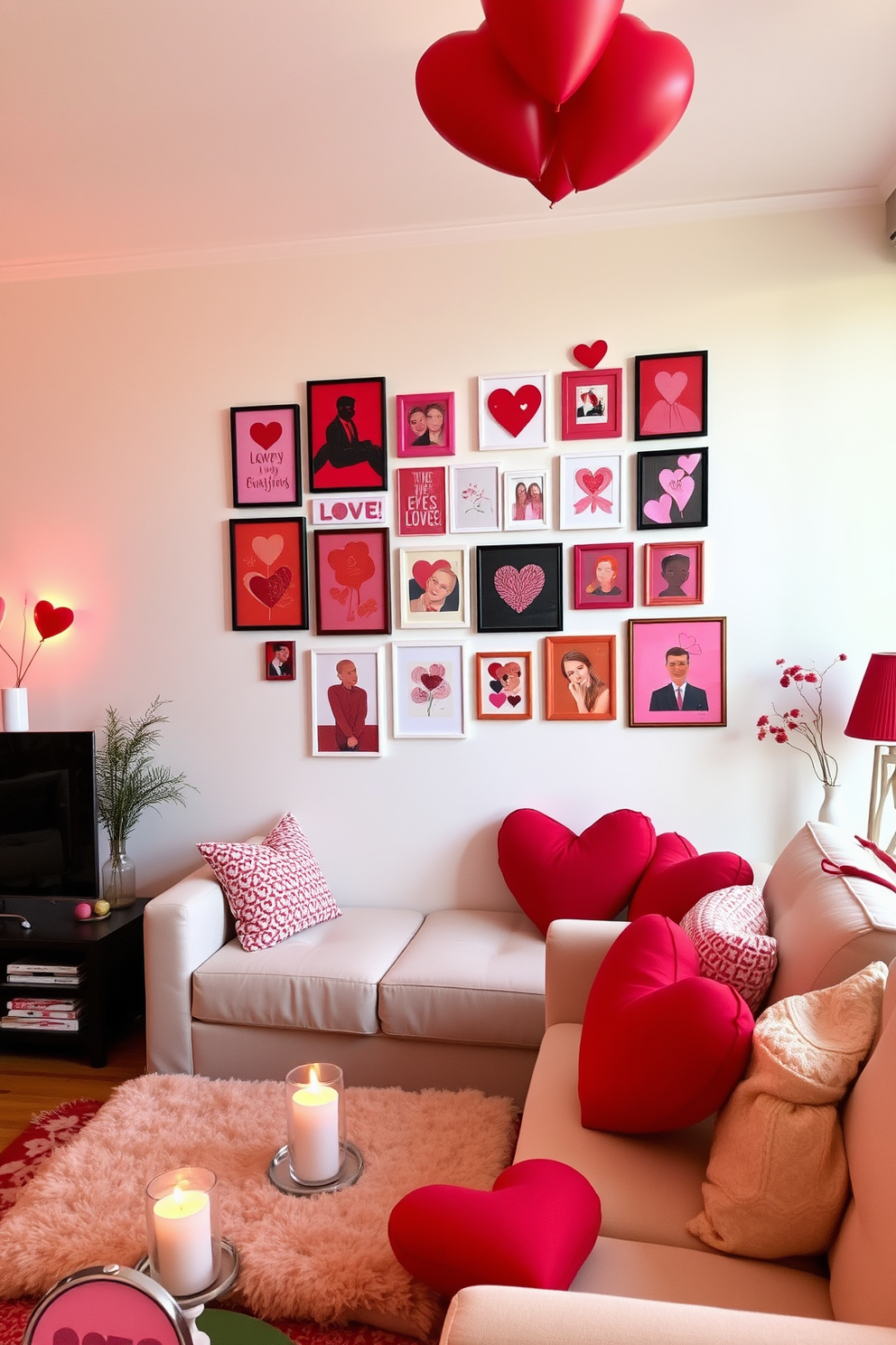 A heart-shaped wall art display features an array of vibrant artworks in various shades of red and pink. The pieces are arranged in a playful yet harmonious manner, creating a focal point that embodies the spirit of love and celebration. The apartment is adorned with soft lighting and cozy textiles to enhance the romantic atmosphere. Decorative accents such as heart-shaped pillows and candles complete the Valentine's Day decorating theme, inviting warmth and affection into the space.