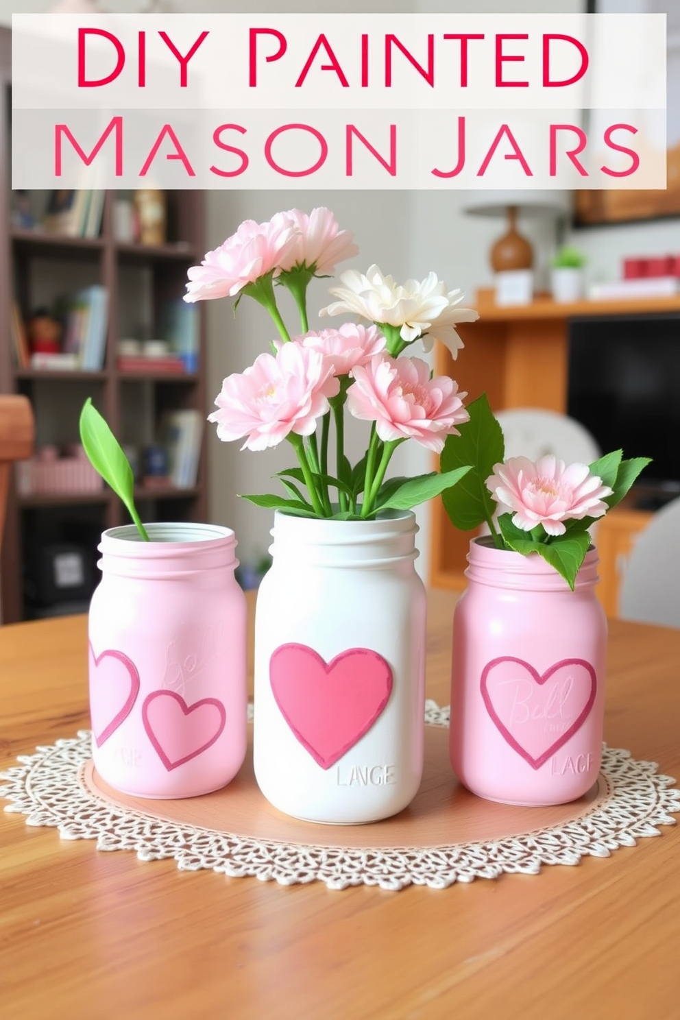 Create a charming display of DIY painted mason jars designed for Valentine's Day decor. The jars are painted in soft pastel colors, adorned with heart motifs and filled with fresh flowers, creating a romantic atmosphere in a cozy apartment setting.