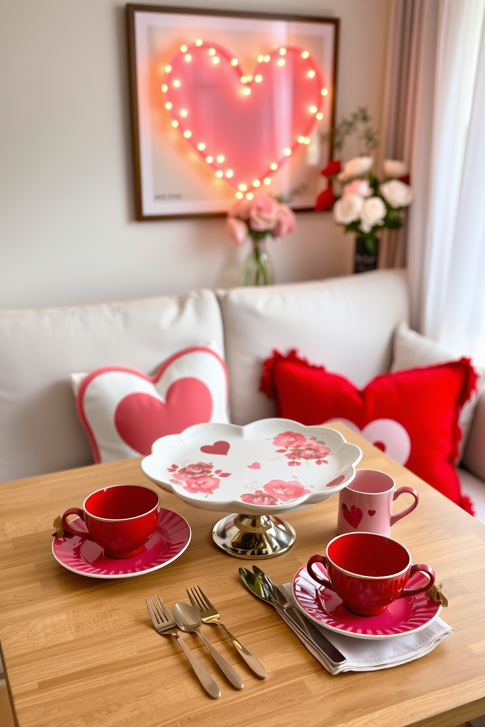 A charming Valentine's Day themed dishware set featuring heart-shaped plates and cups in shades of red and pink. The set includes a decorative serving platter adorned with floral patterns and matching utensils to create a romantic dining experience. Cozy apartment Valentine's Day decorating ideas with soft lighting and romantic accents. Incorporate heart-shaped cushions and floral arrangements to enhance the atmosphere and create a warm, inviting space for a celebration.