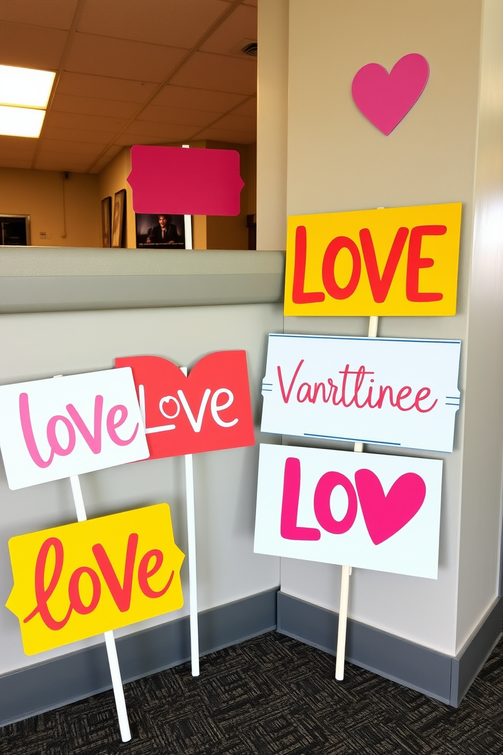 Whimsical love signs are playfully arranged in common areas to create a cheerful and inviting atmosphere. These signs feature vibrant colors and fun typography, enhancing the festive spirit of Valentine's Day throughout the apartment.