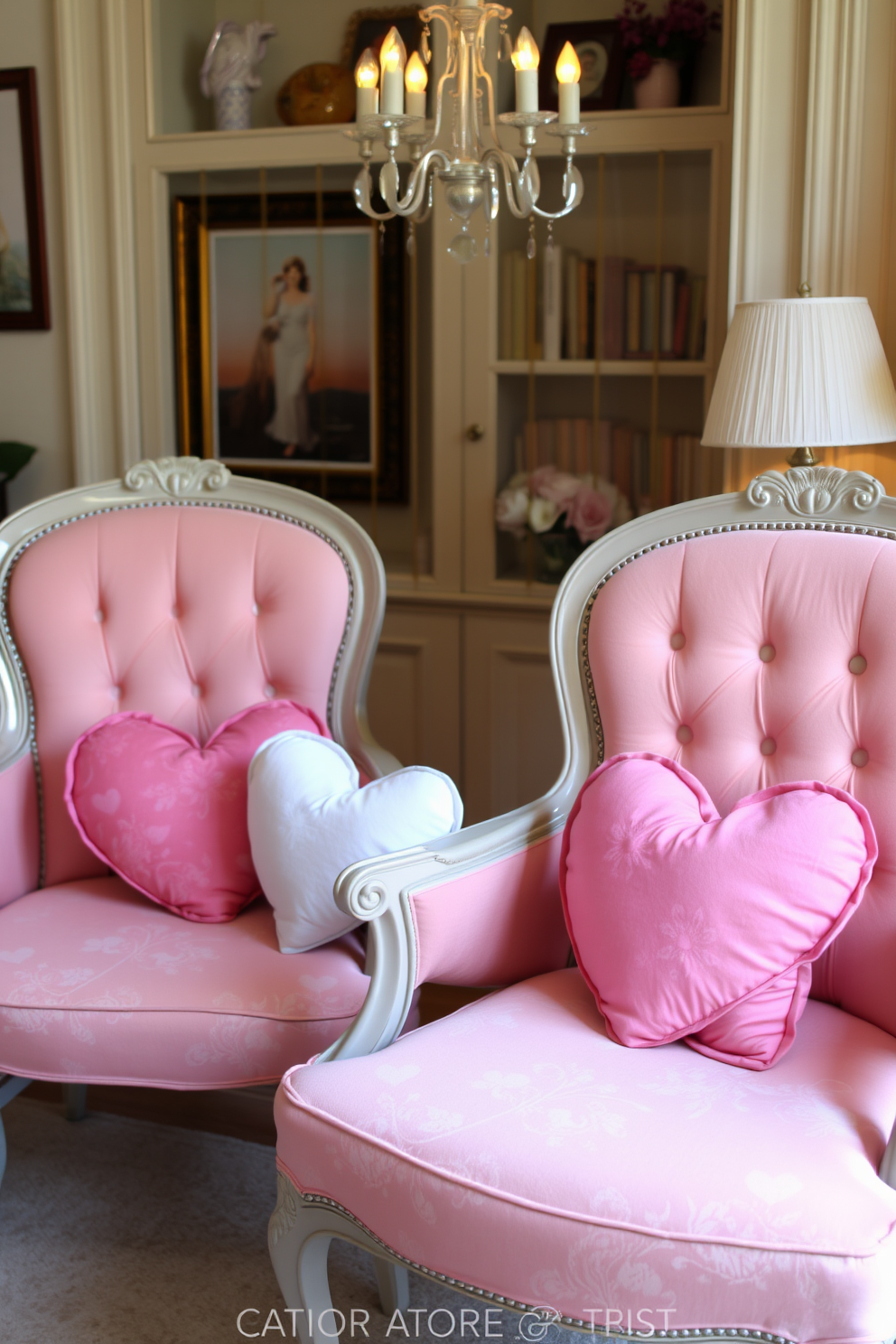 Heart-shaped cushions are placed on elegant chairs in a cozy apartment setting. Soft pastel colors dominate the decor, creating a warm and inviting atmosphere for Valentine's Day celebrations.