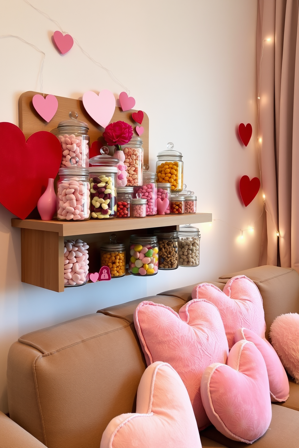 Create a cozy apartment setting for Valentine's Day. The focal point is a collection of candy-filled glass jars arranged on a wooden shelf, showcasing an array of colorful sweets. Surround the jars with soft pink and red decorations. Add heart-shaped cushions on the couch and string lights to create a warm, inviting atmosphere.