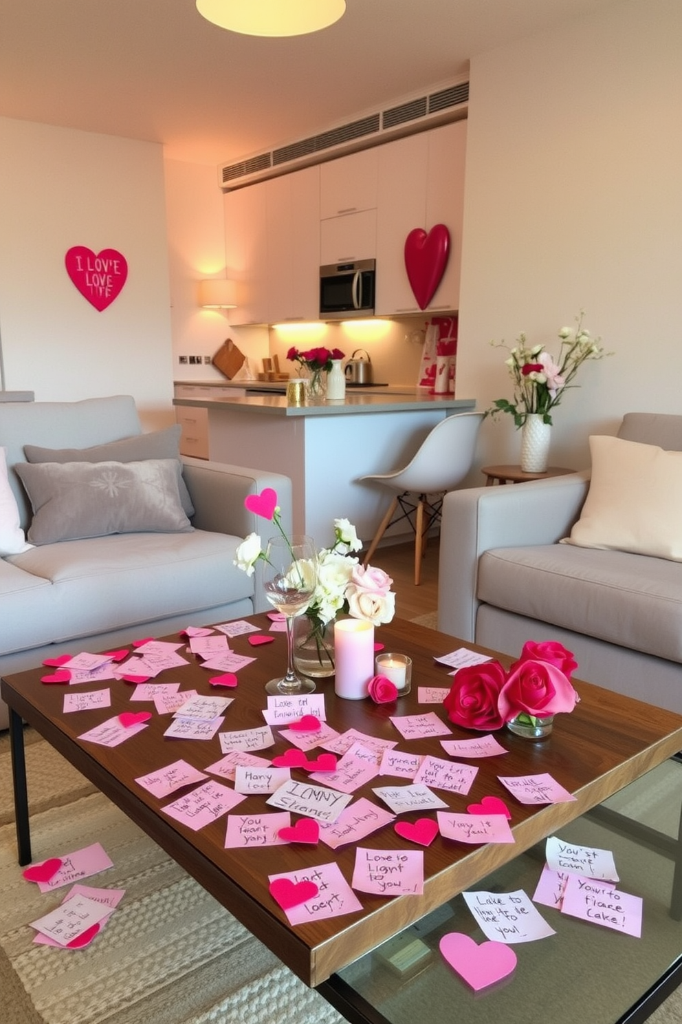 Create a cozy apartment setting adorned with personalized love notes. Scatter handwritten notes on surfaces like the coffee table, kitchen counter, and bedside table, each expressing a unique sentiment. Incorporate romantic elements such as soft lighting and heart-shaped decor. Use pastel colors and floral arrangements to enhance the Valentine's Day theme throughout the space.