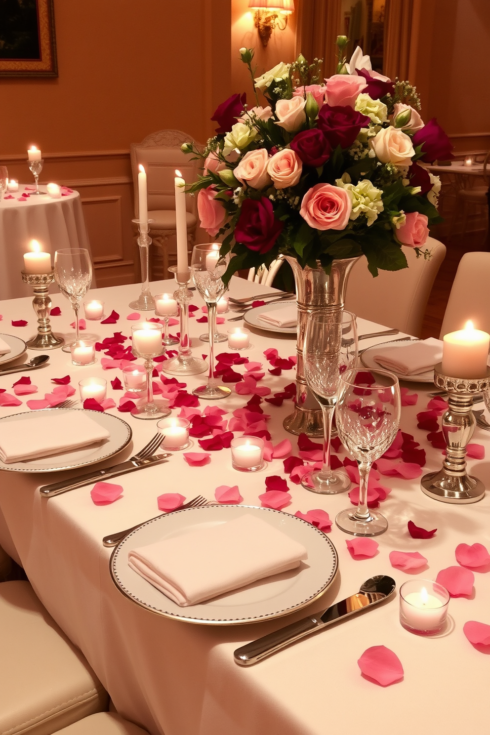 Elegant table settings adorned with scattered rose petals create a romantic ambiance perfect for Valentine's Day. The table features a crisp white tablecloth, fine china plates, and sparkling glassware, complemented by flickering candles in elegant holders. Soft pink and red rose petals are artfully arranged around the centerpieces, which consist of lush floral arrangements in stylish vases. The warm glow of candlelight enhances the intimate atmosphere, inviting guests to enjoy a memorable dining experience.