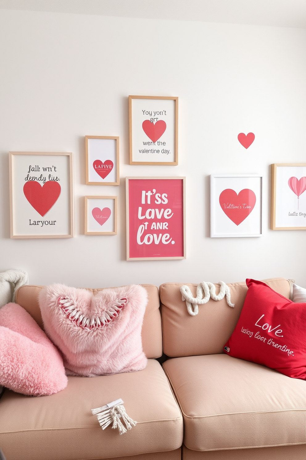 Valentine themed art prints adorn the walls of a cozy apartment. Soft pastel colors dominate the decor, creating a warm and inviting atmosphere for Valentine's Day celebrations. Framed prints featuring hearts and romantic quotes are strategically placed throughout the living space. Plush cushions in shades of pink and red complement the overall theme, enhancing the festive spirit.