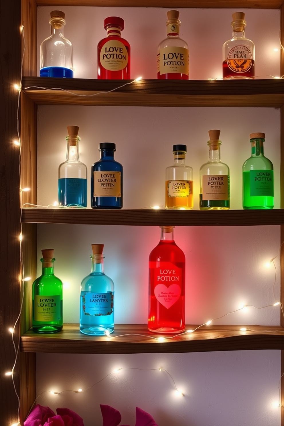 Creative love potion bottles are displayed on rustic wooden shelves, each bottle uniquely shaped and filled with colorful liquids. Soft fairy lights twinkle around the shelves, casting a warm glow that enhances the romantic atmosphere of the apartment for Valentine's Day.