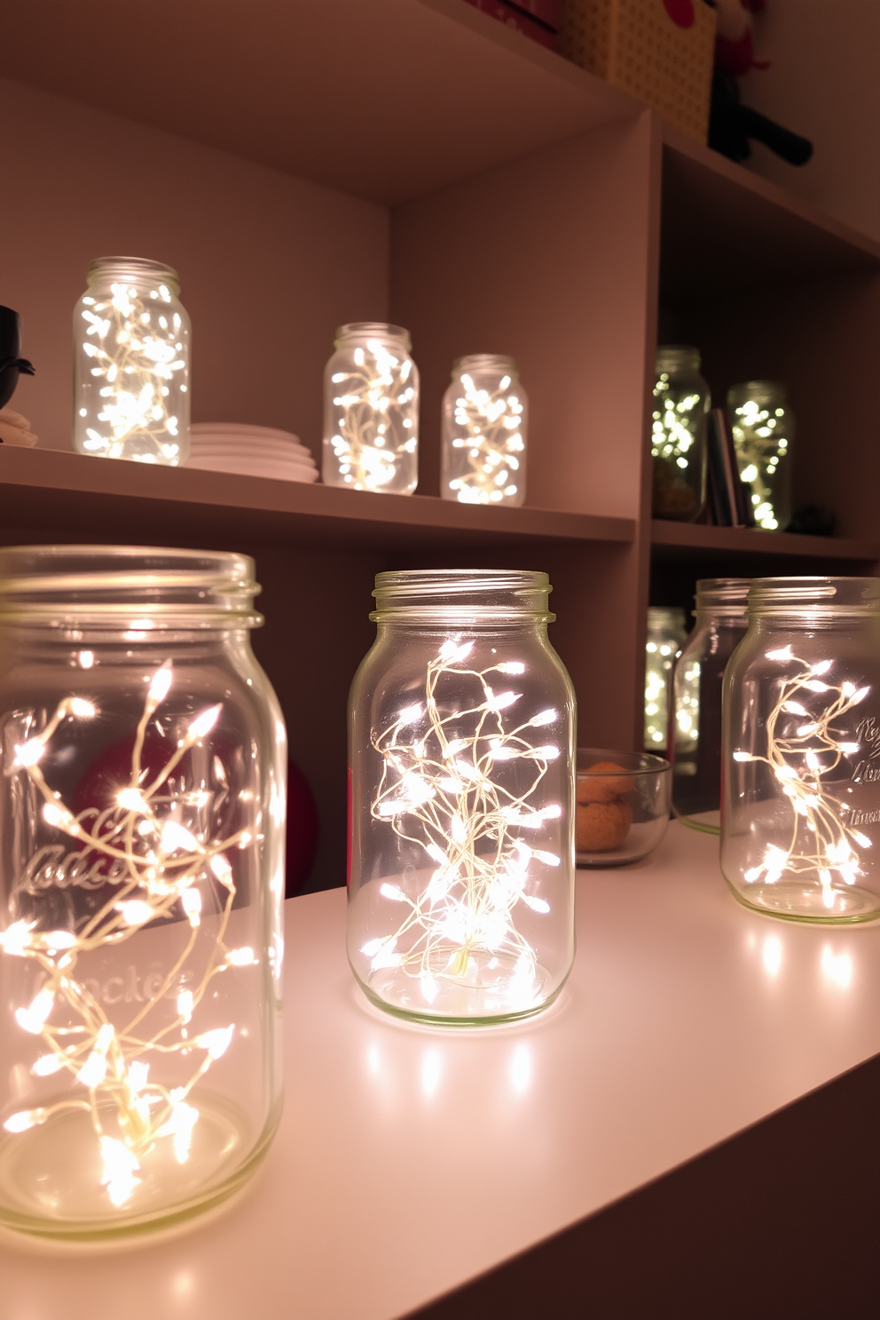 Soft fairy lights are delicately arranged inside glass jars, casting a warm and inviting glow throughout the apartment. The jars are placed on shelves and tables, creating a cozy atmosphere perfect for a romantic Valentine's Day celebration.