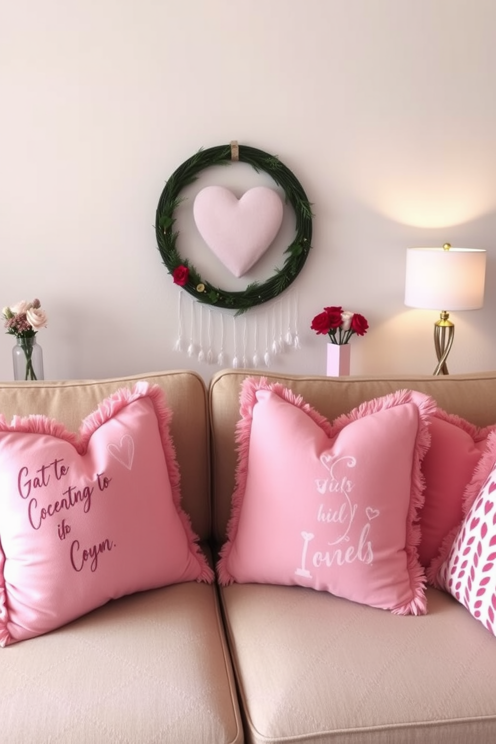 Create a cozy apartment living space decorated for Valentine's Day. The sofa is adorned with soft pink and red throw pillows, creating a romantic and inviting atmosphere.