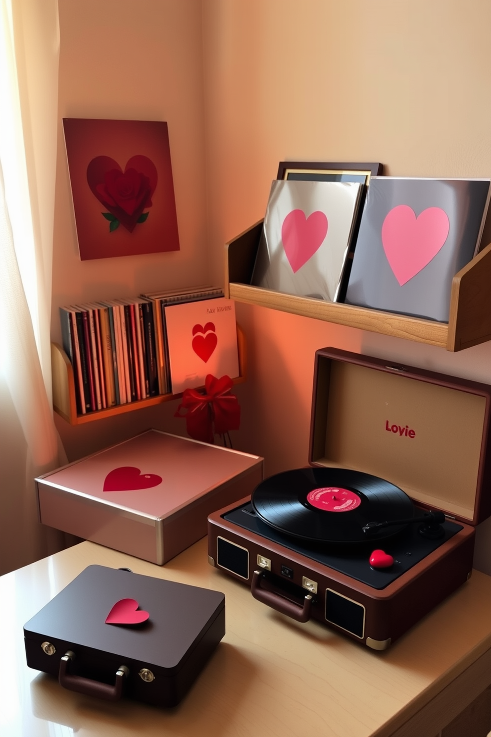 A cozy romantic music corner is set up with a vintage record player and a collection of vinyl records displayed on a stylish wooden shelf. Soft, warm lighting casts a gentle glow, creating an inviting atmosphere perfect for a Valentine's Day celebration.