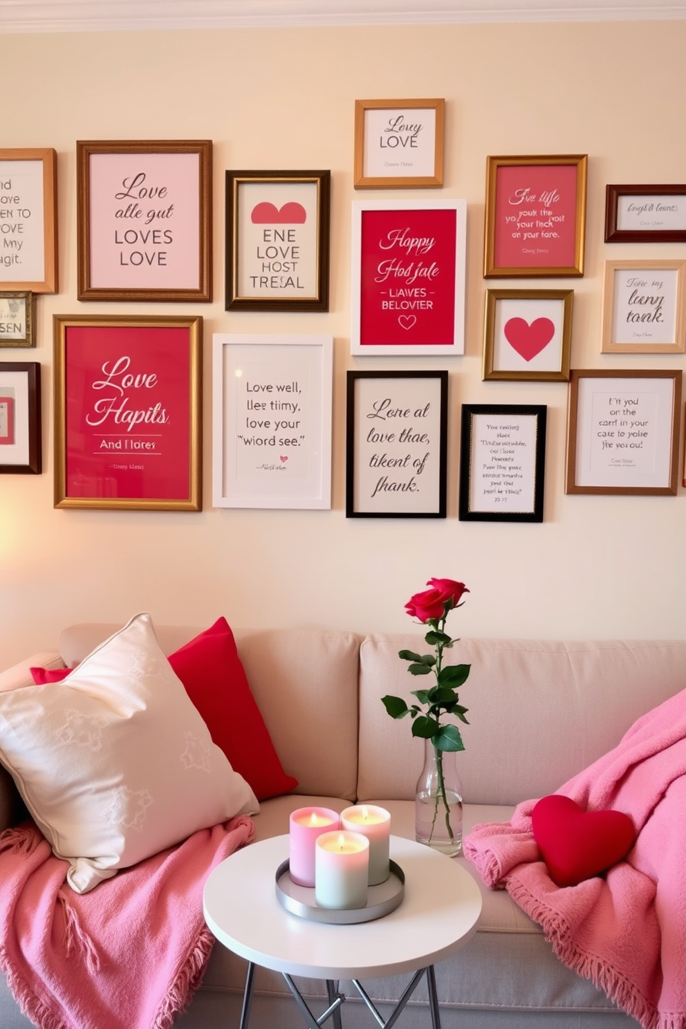 A cozy apartment setting adorned with love quotes framed on the wall. The frames are in various sizes and styles, creating an eclectic yet harmonious look. Soft pink and red accents are incorporated throughout the space, including throw pillows and a warm blanket on the sofa. A small table is set with heart-shaped candles and a vase of fresh roses, enhancing the romantic atmosphere.