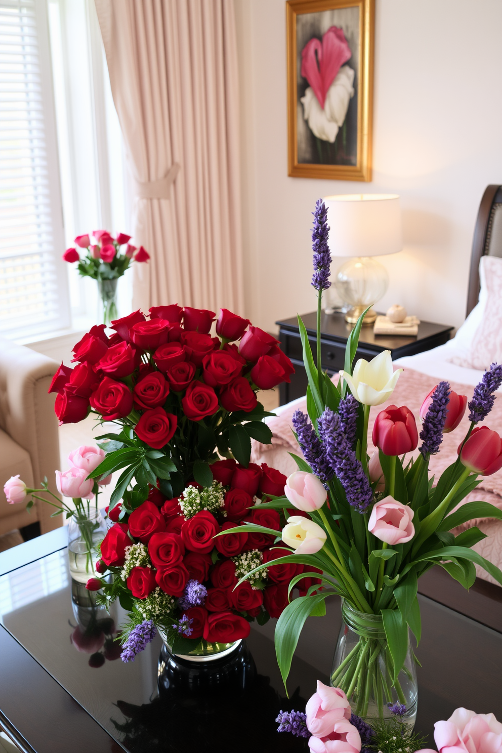 Fresh flowers in every room create a vibrant and inviting atmosphere. In the living room, a large bouquet of red roses sits on the coffee table, surrounded by smaller arrangements of mixed seasonal blooms. In the dining area, a delicate vase holds white lilies and pink tulips, enhancing the romantic ambiance. The bedroom features a bedside table adorned with fragrant lavender and soft pink peonies, adding a touch of elegance for Valentine's Day.