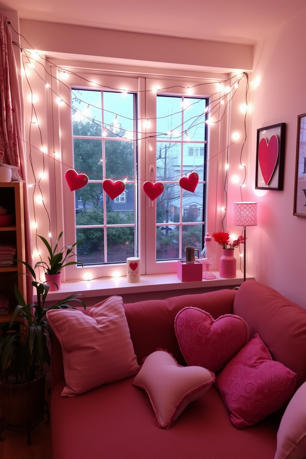 Cozy apartment decorated for Valentine's Day with string lights draped across the windows creating a warm and inviting glow. Soft pink and red accents throughout the space, including heart-shaped cushions on the couch and romantic artwork on the walls.