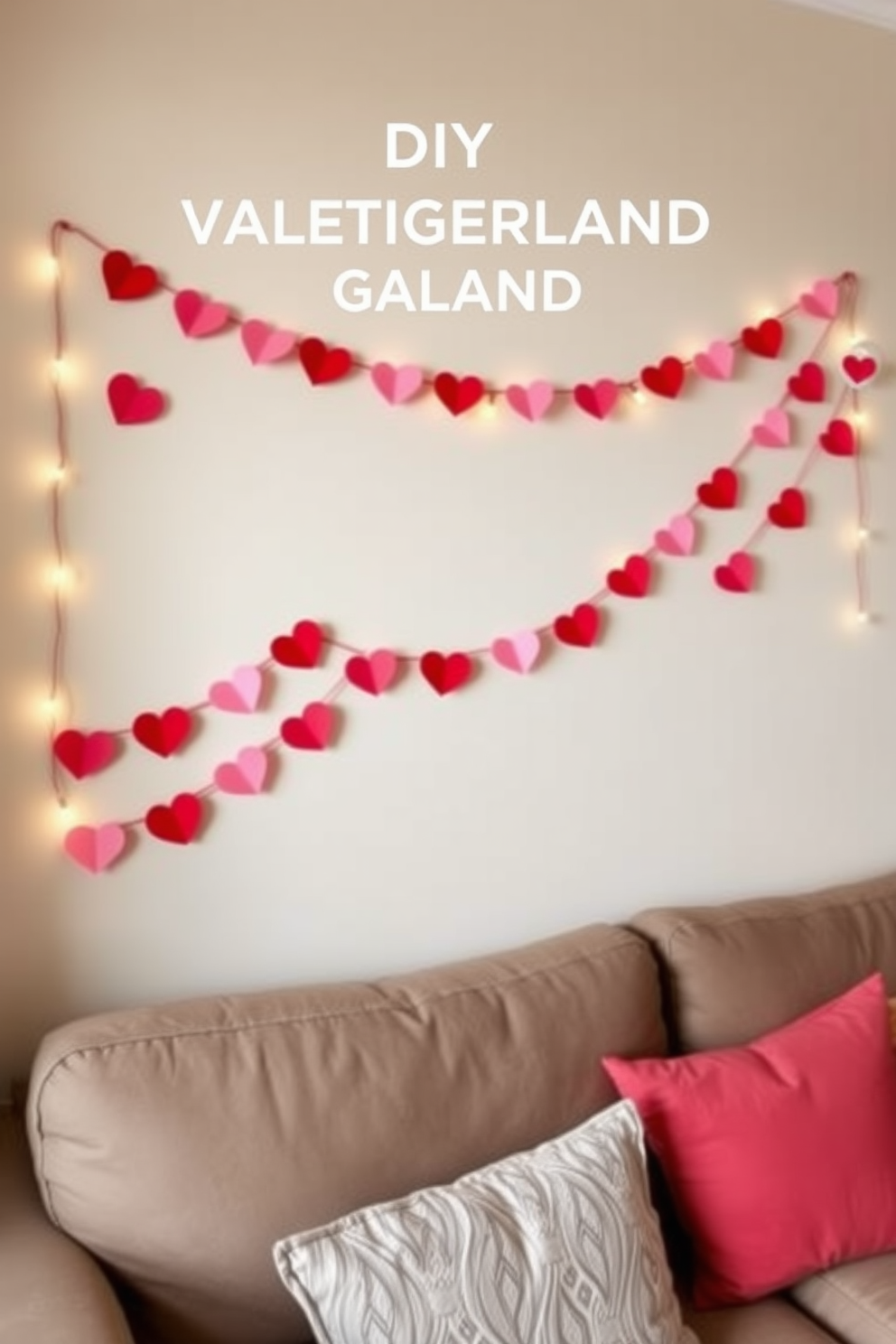 A charming DIY heart garland hangs gracefully across the living room wall. The garland is made of various shades of red and pink paper hearts, creating a festive and romantic atmosphere for Valentine's Day. Soft string lights twinkle alongside the garland, adding a warm glow to the space. Below, a cozy seating area features plush cushions in coordinating colors, inviting relaxation and celebration.