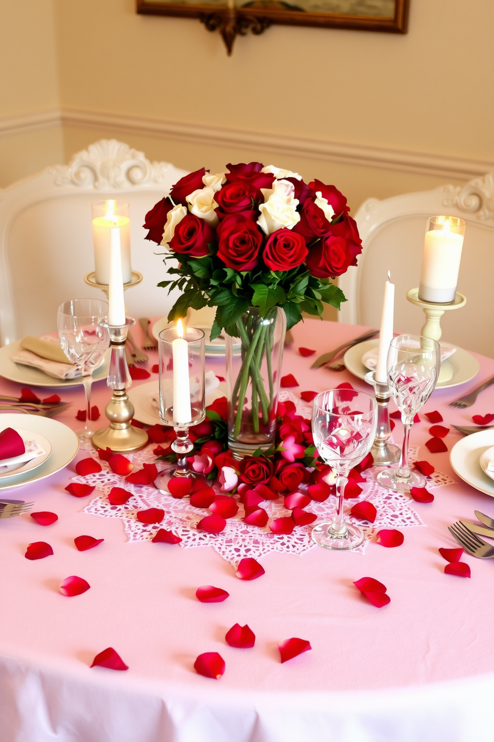 A romantic table centerpiece for Valentine's Day featuring a soft pink tablecloth adorned with delicate lace. At the center, a cluster of red and white roses in an elegant glass vase surrounded by heart-shaped candles. The table is set with fine china plates and crystal glassware, creating an intimate dining experience. Scatter rose petals across the table for an added touch of romance and charm.