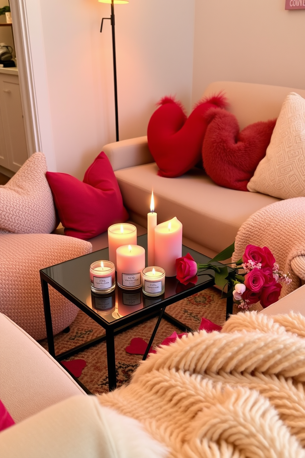 Create a cozy apartment setting for Valentine's Day. Arrange a selection of scented candles with romantic fragrances on a small coffee table, surrounded by soft pillows and a plush throw blanket. Incorporate warm lighting to enhance the romantic atmosphere. Add decorative elements like heart-shaped cushions and fresh flowers to complete the festive look.