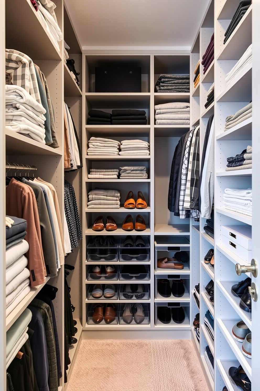 A stylish apartment walk-in closet featuring floor-to-ceiling shelves that maximize vertical storage. The shelves are organized with neatly folded clothes, and a section is dedicated to shoes displayed in clear boxes for easy visibility.