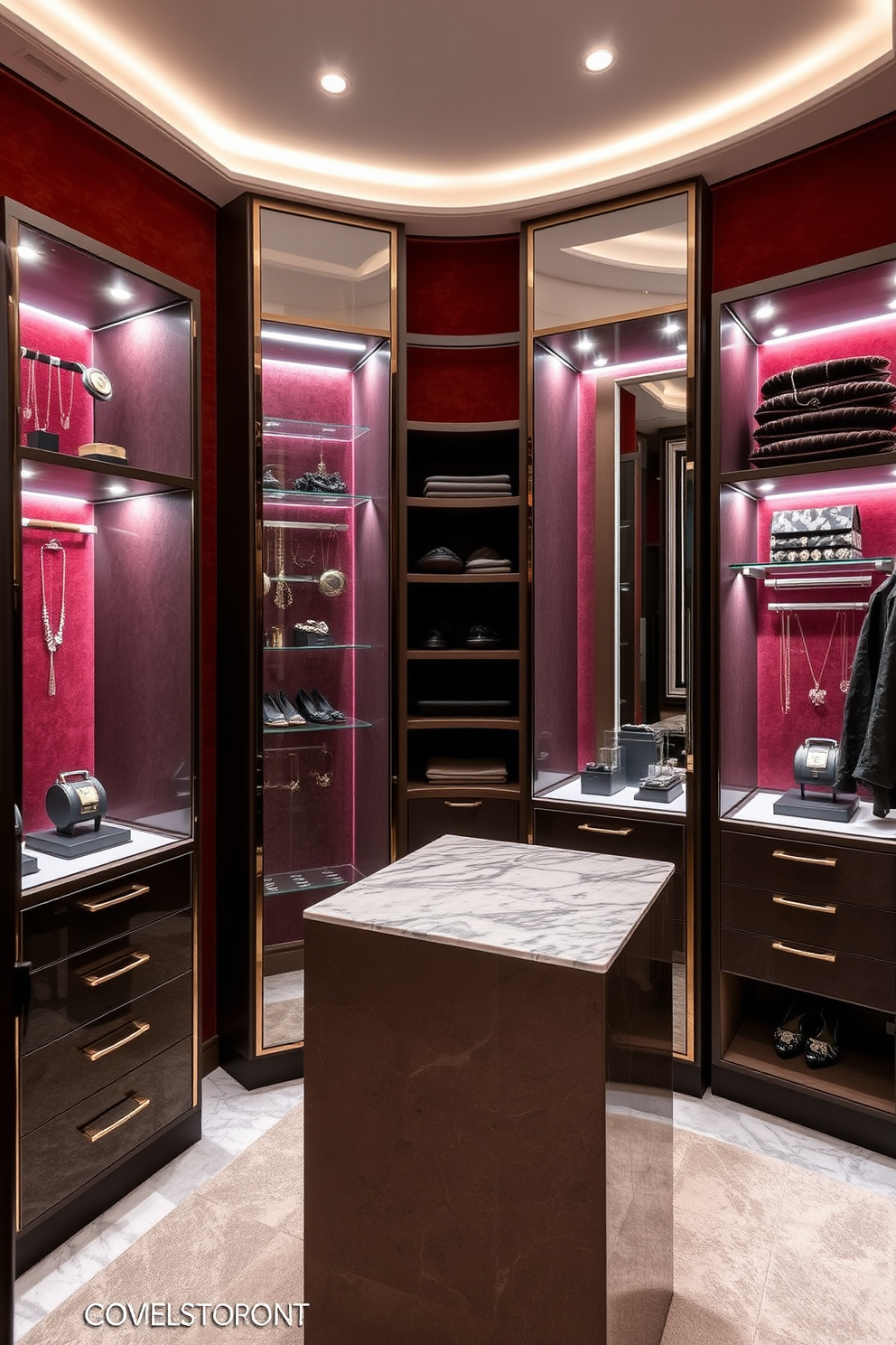 A dedicated jewelry display area featuring elegant glass display cases with soft LED lighting to highlight the pieces within. The walls are adorned with plush velvet panels in a rich color, providing a luxurious backdrop for the jewelry. Apartment walk-in closet design ideas that incorporate custom shelving and drawers for organized storage. A central island with a marble top serves as a functional space for accessories, surrounded by full-length mirrors to enhance the sense of space.