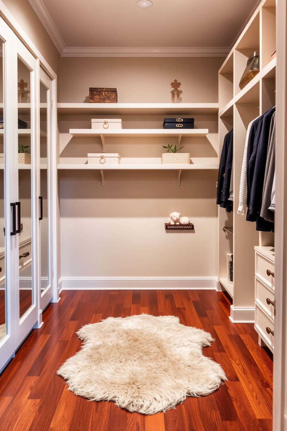 A stylish walk-in closet featuring elegant floating shelves for decor. The walls are painted in a soft beige, and the flooring is a rich hardwood that adds warmth to the space. The floating shelves are adorned with decorative boxes and curated accessories, providing both functionality and aesthetic appeal. A plush area rug lies in the center, complementing the overall design and inviting comfort.