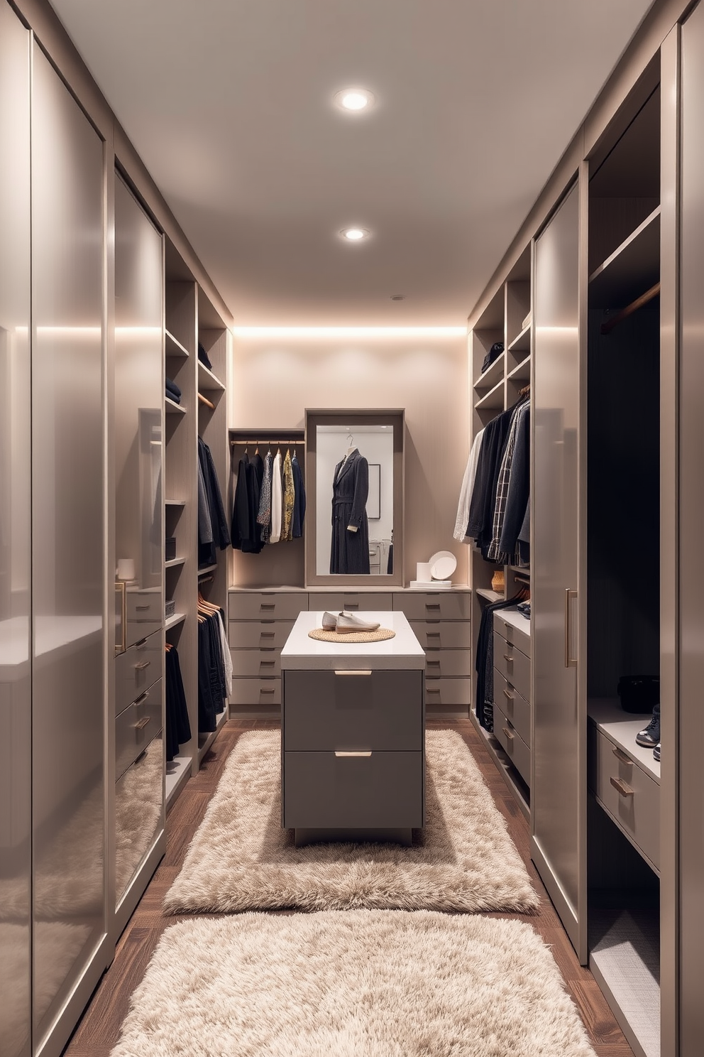 A modern walk-in closet featuring sliding doors that maximize space efficiency. The interior is organized with built-in shelving, hanging rods, and a central island for accessories. Soft lighting illuminates the closet, highlighting the elegant finishes and textures. A plush area rug adds warmth, while a full-length mirror enhances the sense of openness.