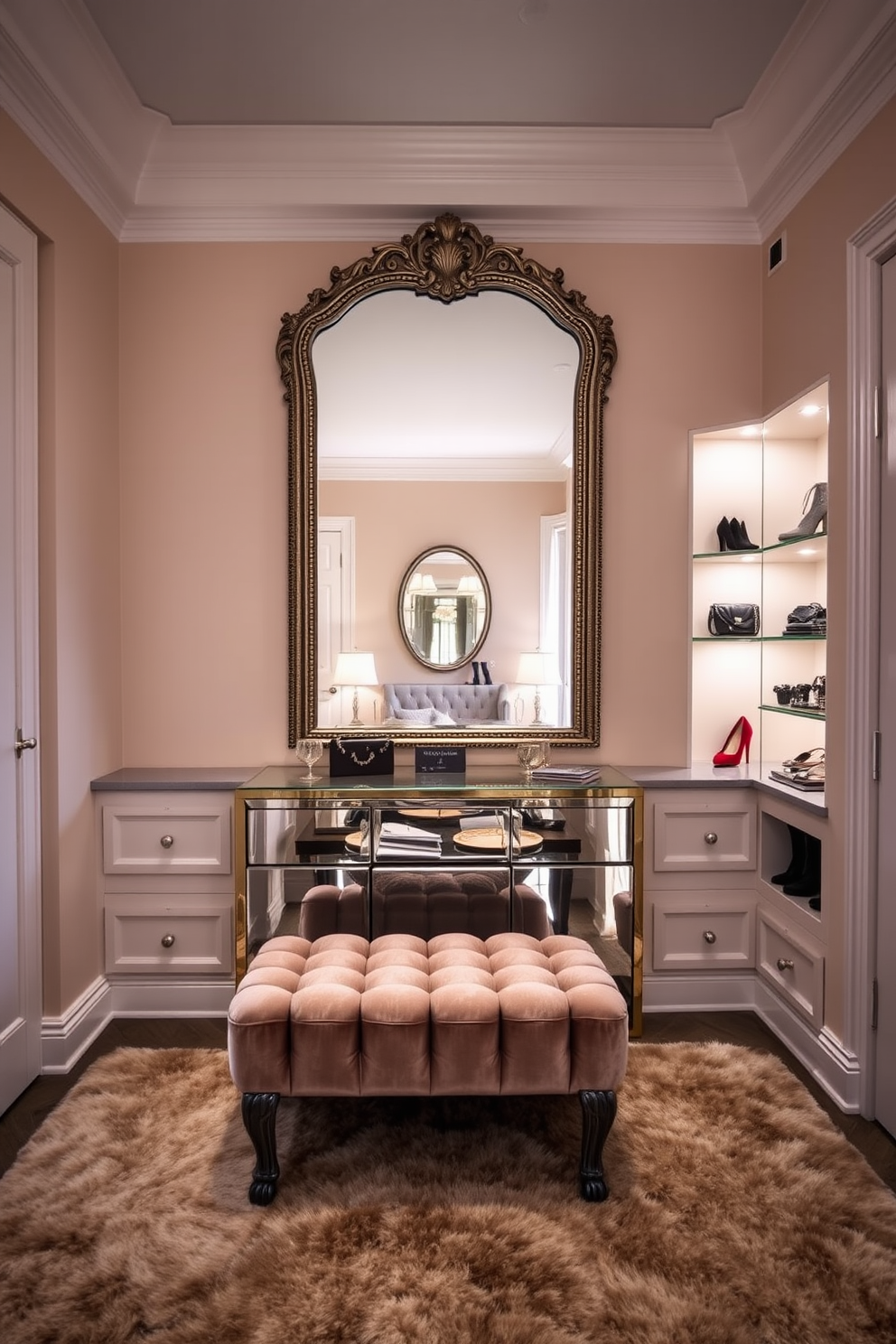 Create a chic dressing area featuring a large, ornate mirror that reflects natural light. The space includes a plush velvet ottoman and built-in shelves displaying stylish accessories and shoes. Incorporate soft, ambient lighting to enhance the atmosphere. The walls are painted in a soft blush tone, and a luxurious area rug anchors the space, adding warmth and texture.