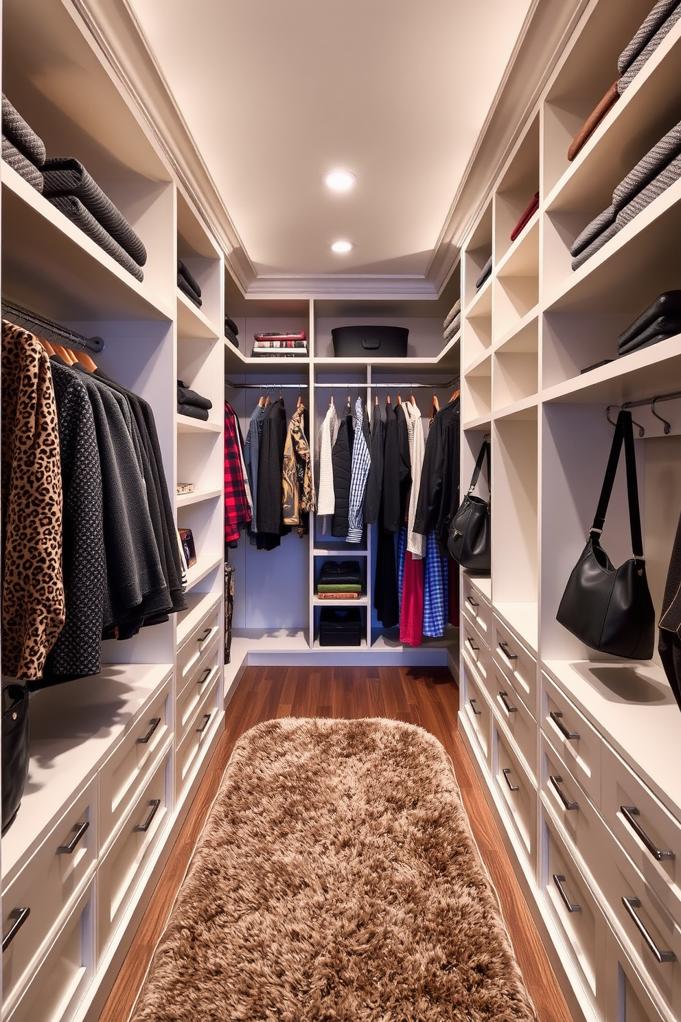 A stylish walk-in closet designed to maximize space and functionality. The walls are lined with custom shelving and hanging rods, featuring a mix of open and closed storage options. Hooks for bags and accessories are strategically placed along one side for easy access and organization. A plush area rug adds a touch of comfort, while soft lighting enhances the overall ambiance of the space.