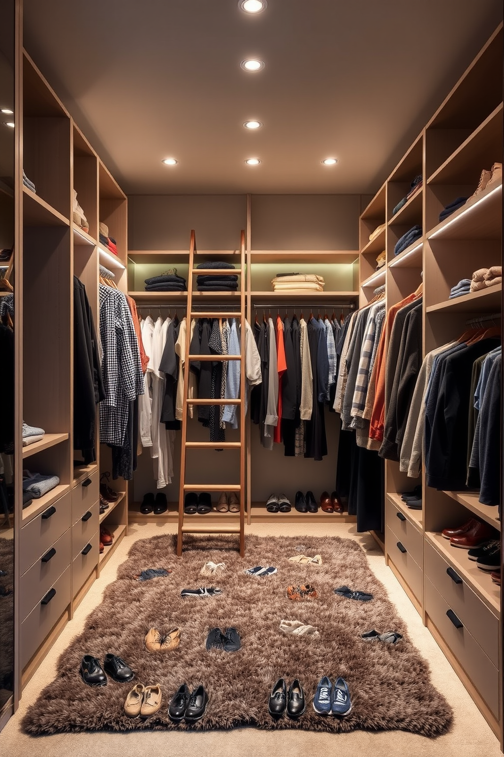 A stylish walk-in closet featuring a modern ladder for high storage solutions. The space is adorned with sleek shelving units and a plush rug that adds warmth to the design. Hanging racks are organized with an array of clothing, while shoe storage is neatly arranged below. Soft lighting illuminates the area, creating an inviting atmosphere for effortless selection of outfits.