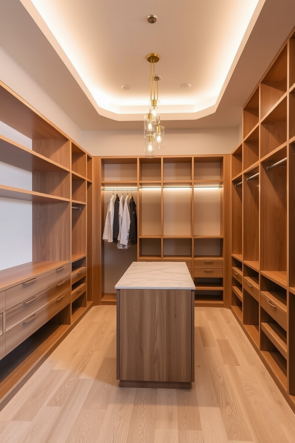 A spacious walk-in closet featuring sleek built-in wooden shelves and hanging rods. The walls are painted in a soft beige, and the flooring is a light oak that enhances the serene atmosphere. A central island with a marble top provides additional storage and display space for accessories. Elegant lighting fixtures hang from the ceiling, creating a warm glow that complements the neutral palette.