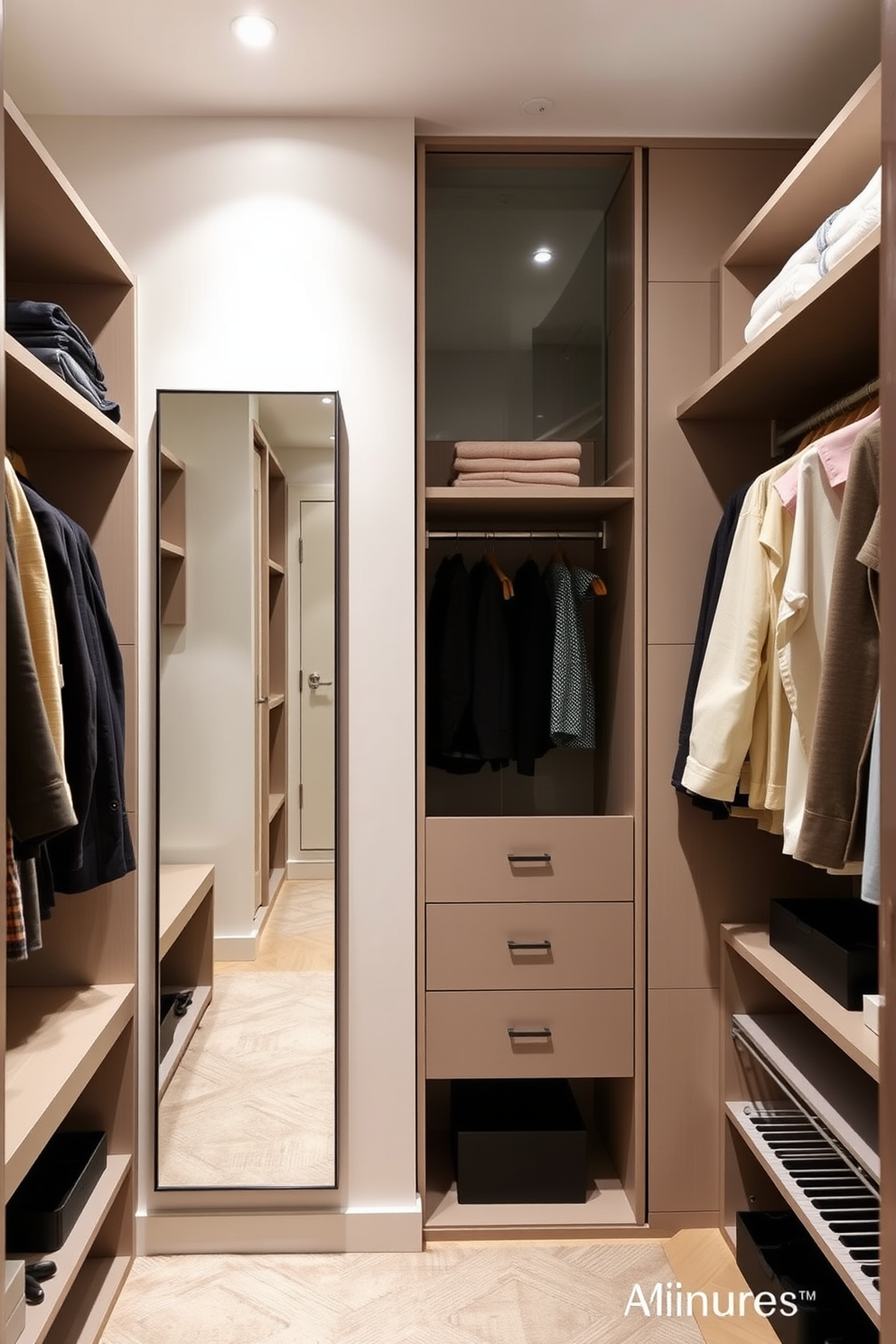 A stylish apartment walk-in closet featuring a full-length mirror mounted on the wall. The closet is spacious with custom shelving and hanging space, illuminated by soft overhead lighting.