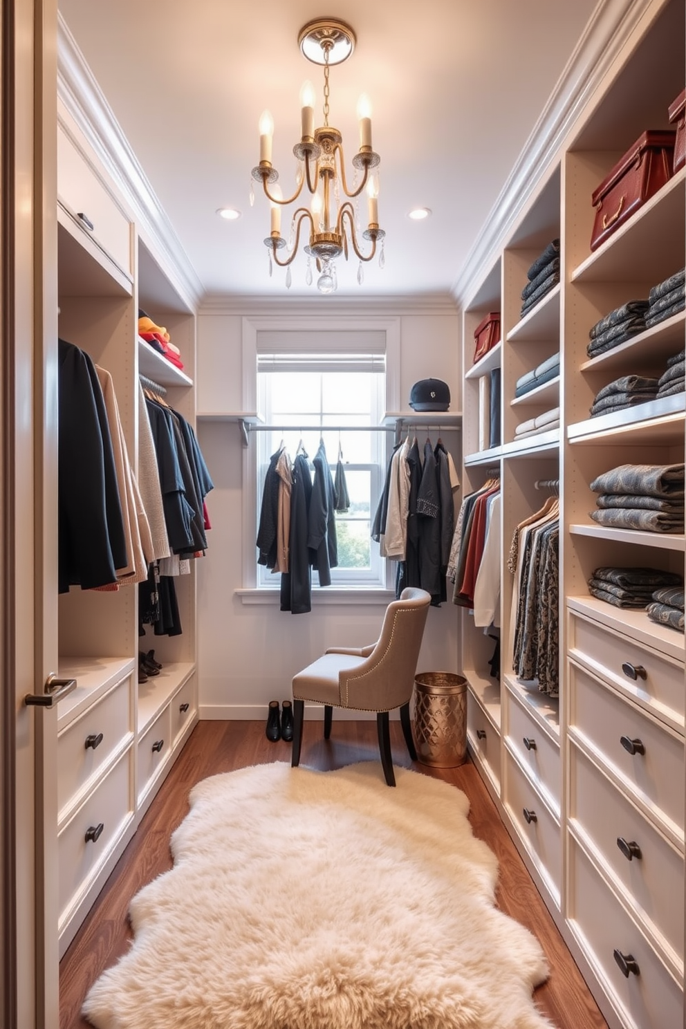 A stylish walk-in closet featuring a small desk for planning outfits is designed with ample storage space. The walls are lined with custom shelving and hanging racks, while a plush area rug adds warmth to the space. The desk is positioned near a window, providing natural light for outfit selection. Elegant lighting fixtures illuminate the closet, enhancing the overall luxurious feel of the design.