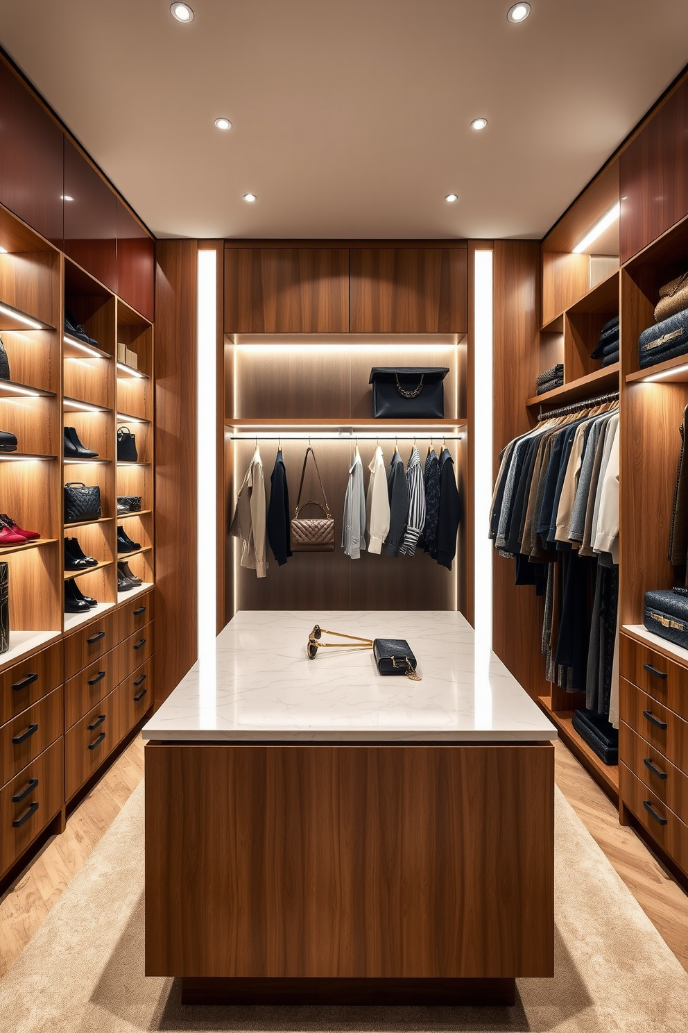 A luxurious apartment walk-in closet featuring a stylish island in the center for accessories. The island is topped with a polished marble surface and is surrounded by custom cabinetry in a warm wood finish. On one side, there are elegant shoe racks and shelves for handbags, while the opposite wall showcases hanging space for clothing organized by season. Soft LED lighting illuminates the space, enhancing the rich textures of the fabrics and the overall sophisticated ambiance.