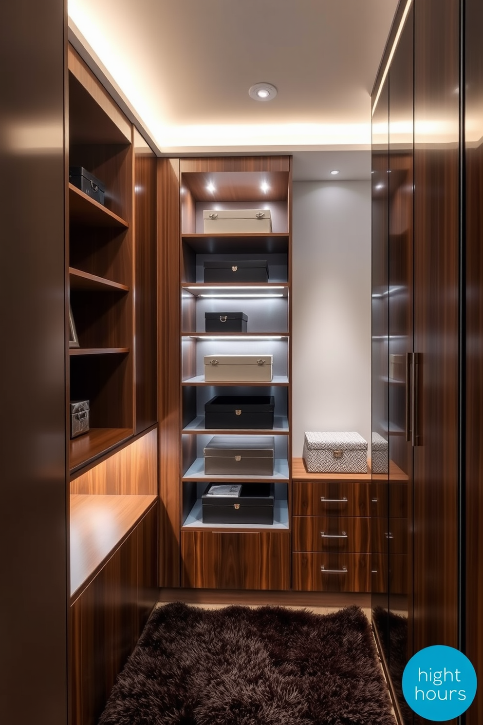 A stylish walk-in closet designed for an apartment. The space features elegant decorative boxes in various sizes placed on shelves for hidden storage. Soft LED lighting illuminates the area, highlighting the rich wooden cabinetry. A plush area rug adds warmth and comfort underfoot, creating an inviting atmosphere.